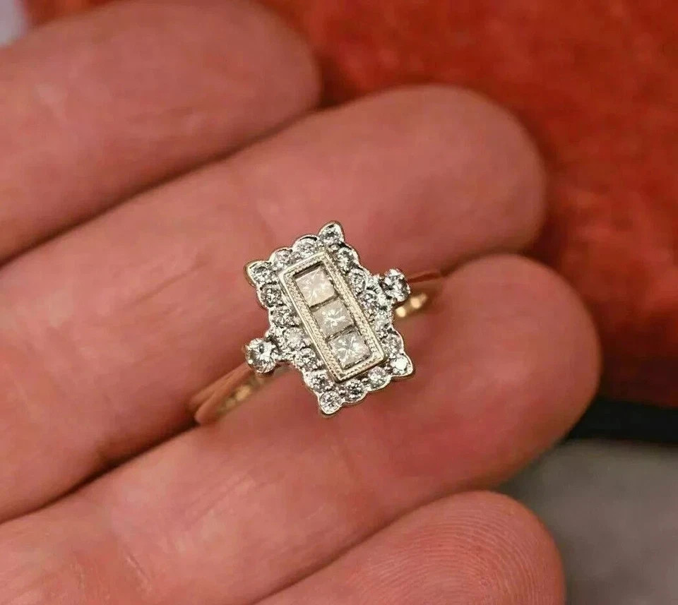 Art Deco Style Princess Lab Created Diamond Wedding Gift 14K White Gold FN Ring