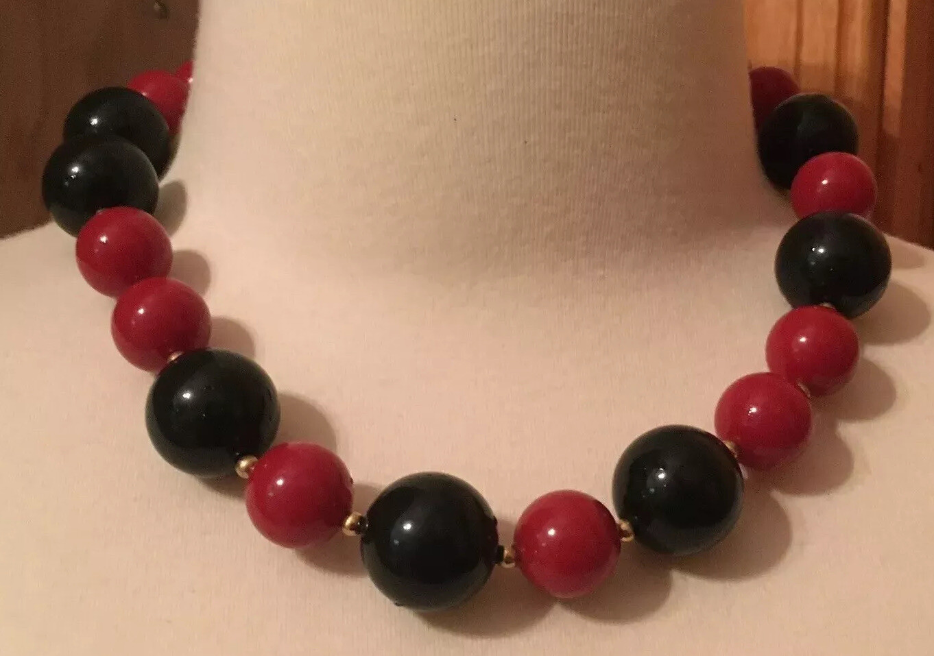 Designer Vintage Monet Necklace 19” Round Beads Red Black Gold-Tone Signed MCM