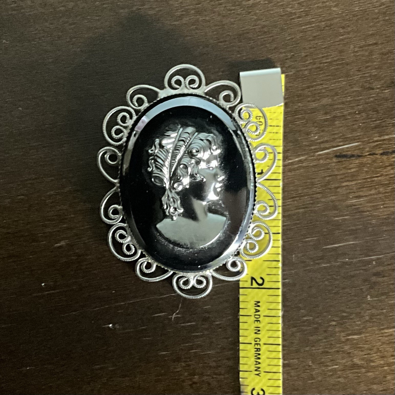 Vintage Hematite Cameo Brooch / Pendant, Silver / Black