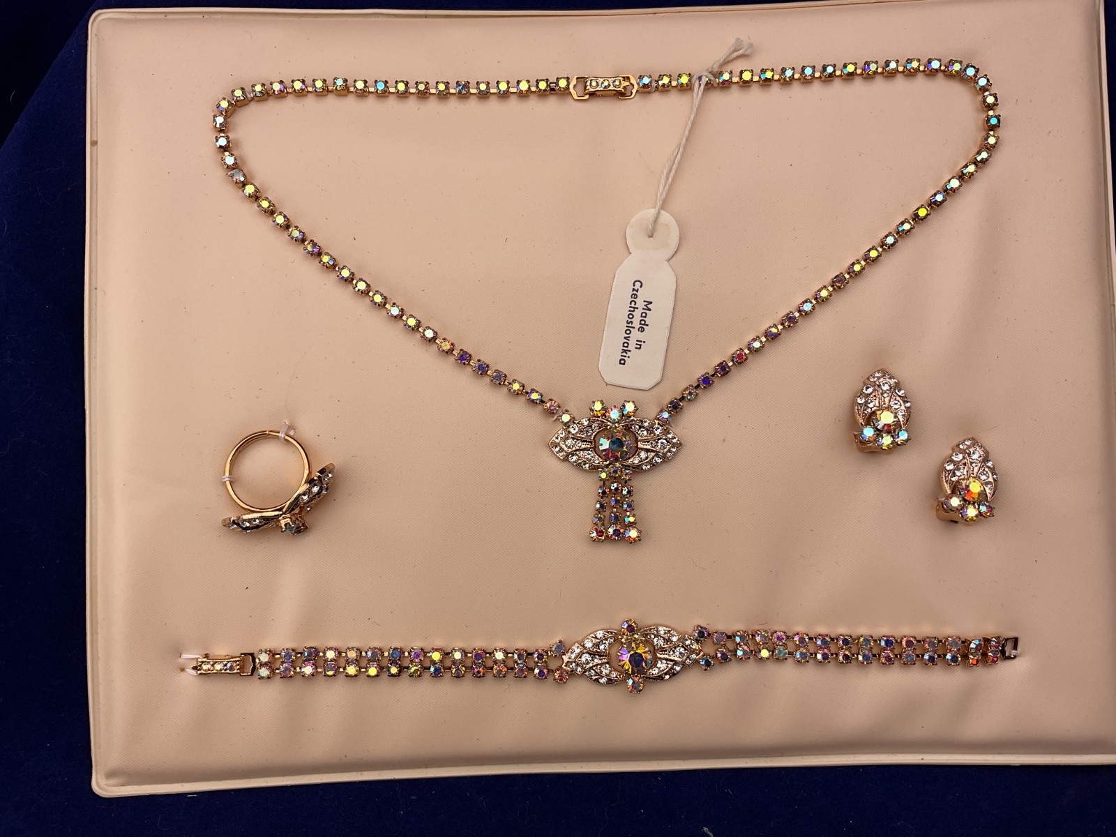 vintage set of czech crystal jewelry, necklace, bracelet,ring and earrings