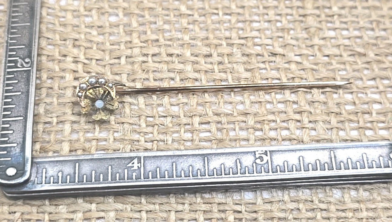 ATQ Gilt 4 Leaf Clover Crescent Moon Stick Pin Paste Moonstone Seed Pearl 2.3″
