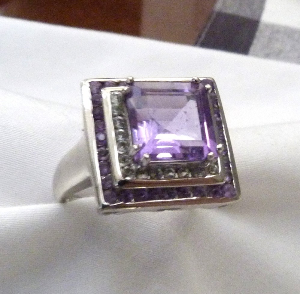 DESIGNER TC 5.62 ASSCHER AMETHYST HALO WHITE ZIRCON STERLING SILVER RING SZ 10