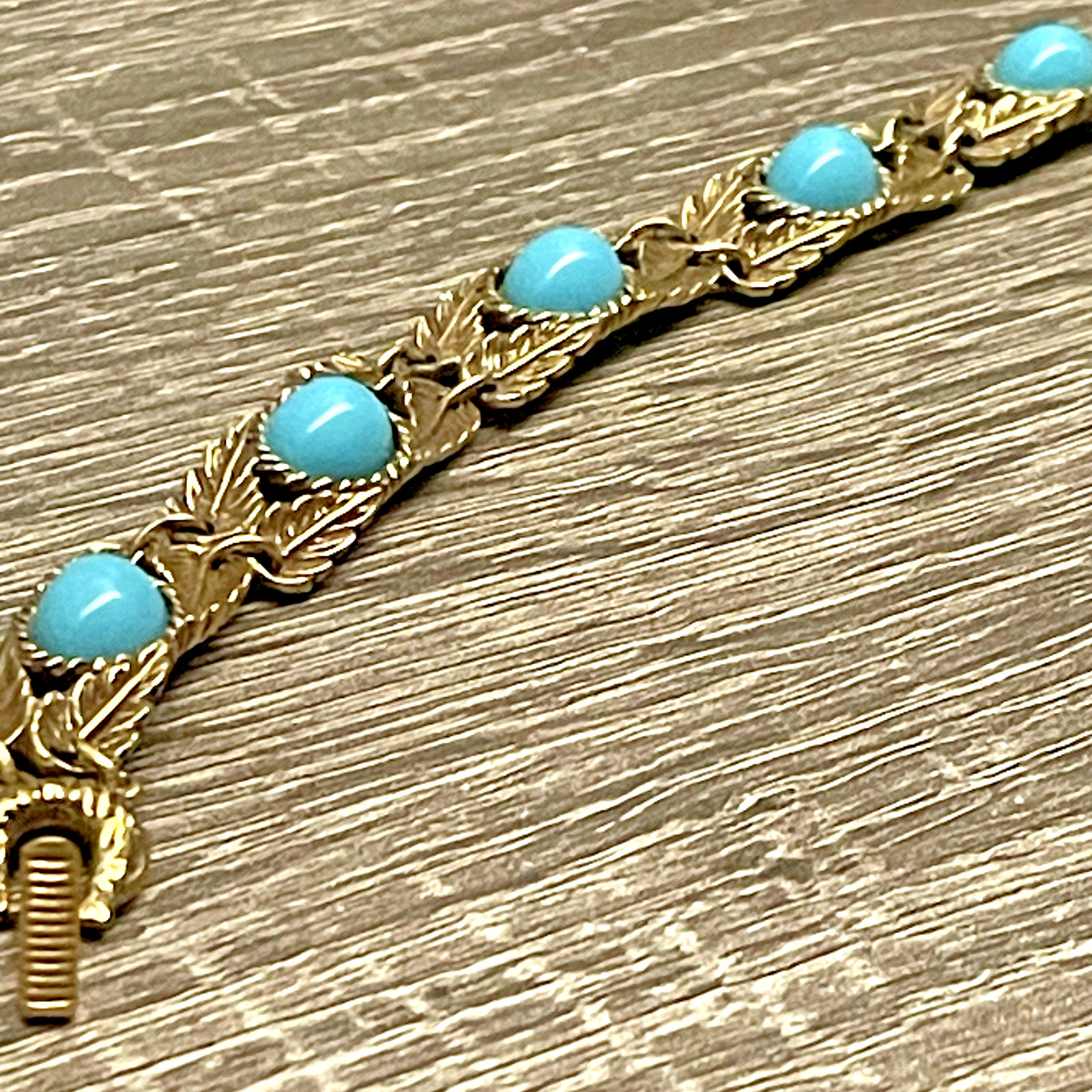 Vintage Goldette N.Y. Gold Tone Art Nouveau Bracelet w Faux Turquoise Cabochons