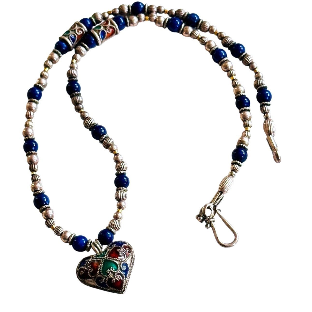 VTG Chinese Heart Cloisonné Blue necklace Silver Lapis Lazuli Beaded China 16″L