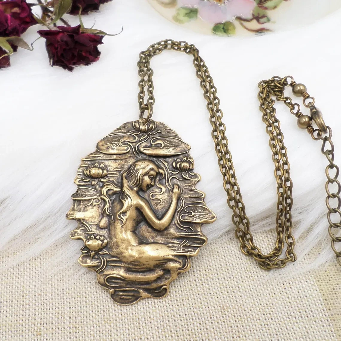 Art Nouveau Water Nymph Necklace: Vintage Style Brass Goddess Pendant with Lotus