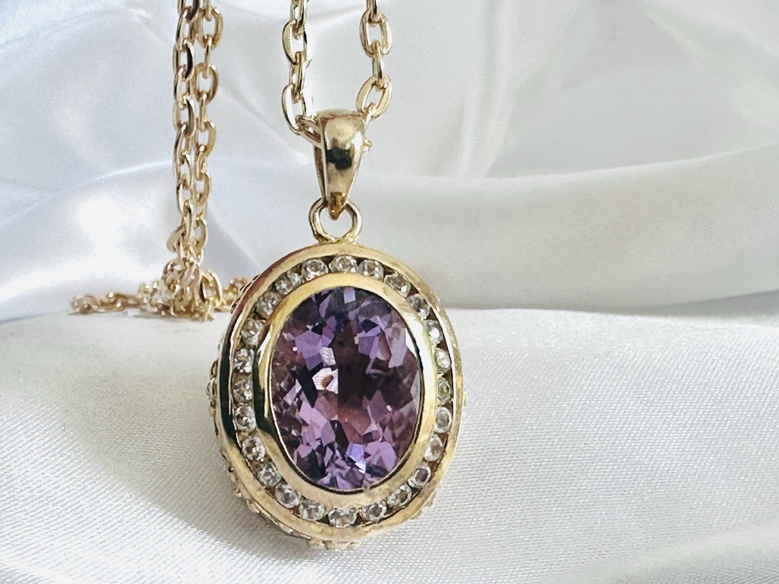 Vintage Sterling Silver 925 Gold on Large Reversible Amethyst Pendant Necklace