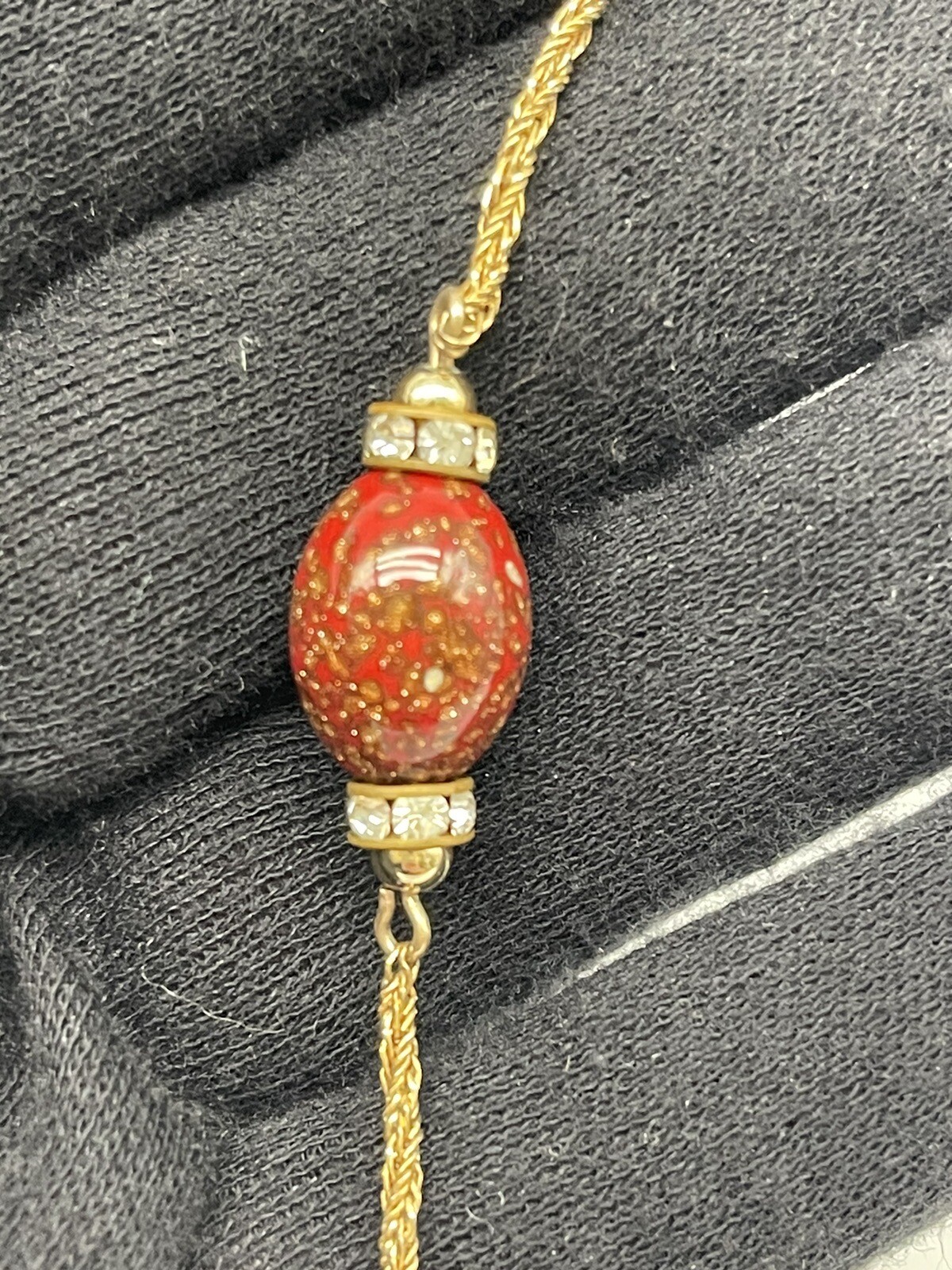 VINTAGE HENKEL GROSSE GERMANY LONG GOLD TONE NECKLACE RED BEAD CRYSTAL 38” 1970’