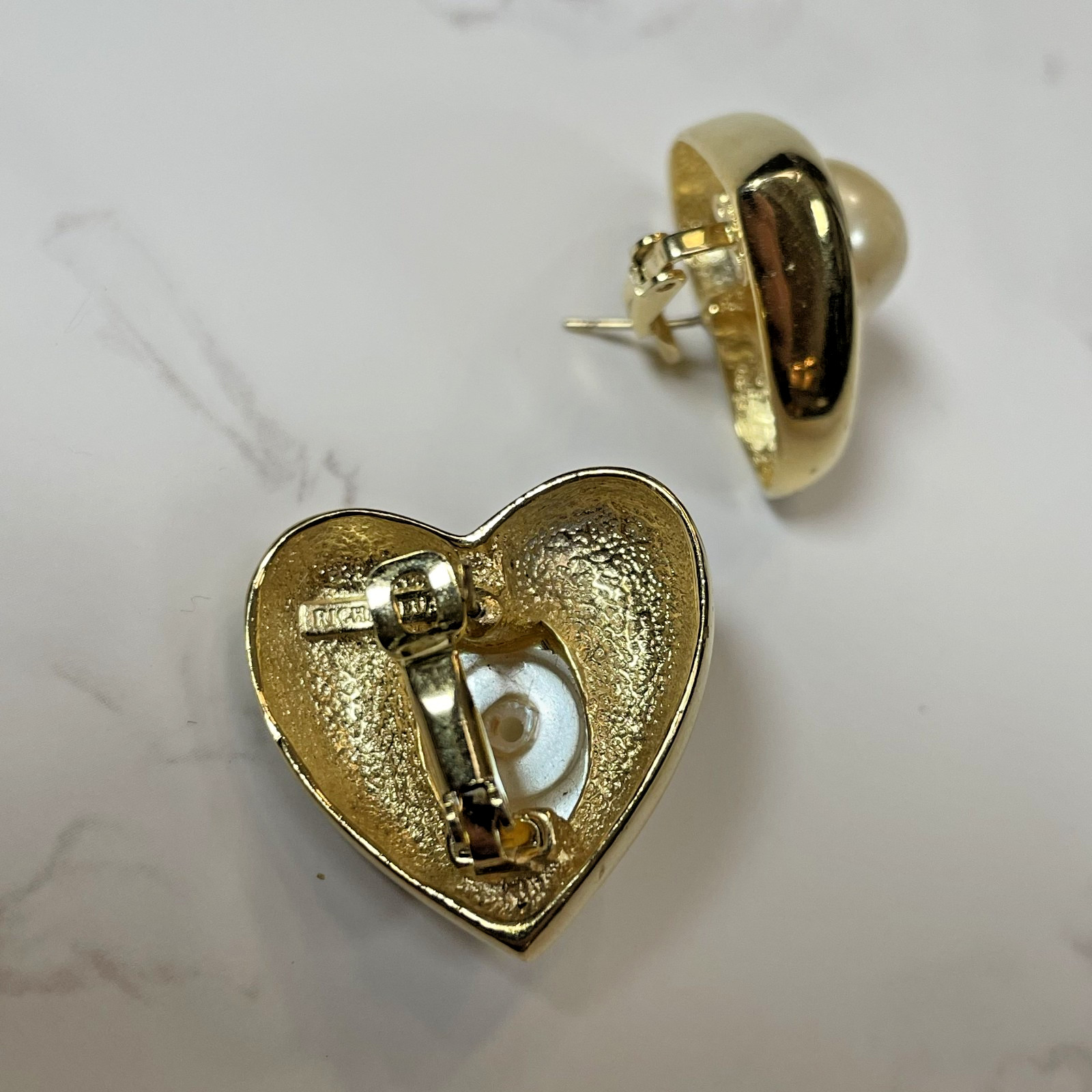 Vintage Richeleau Gold Tone Setting & Cabochon Faux Pearl Clip on Earrings
