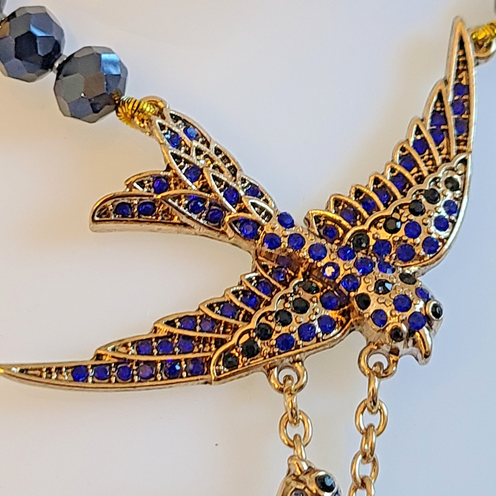 Signed Lihangyuan Twin Flying Birds Necklace Blue Rhinestone Black Bead 5″ Drop