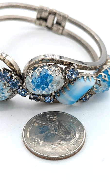 Vintage Rhinestone Clamper Bracelet Crackle Cabochon Blue Glass