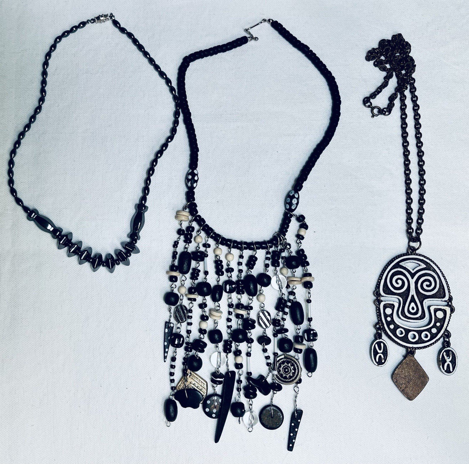 Lot 3 Vintage Estate Necklaces Ethnic Tribal African Statement Black Brown White