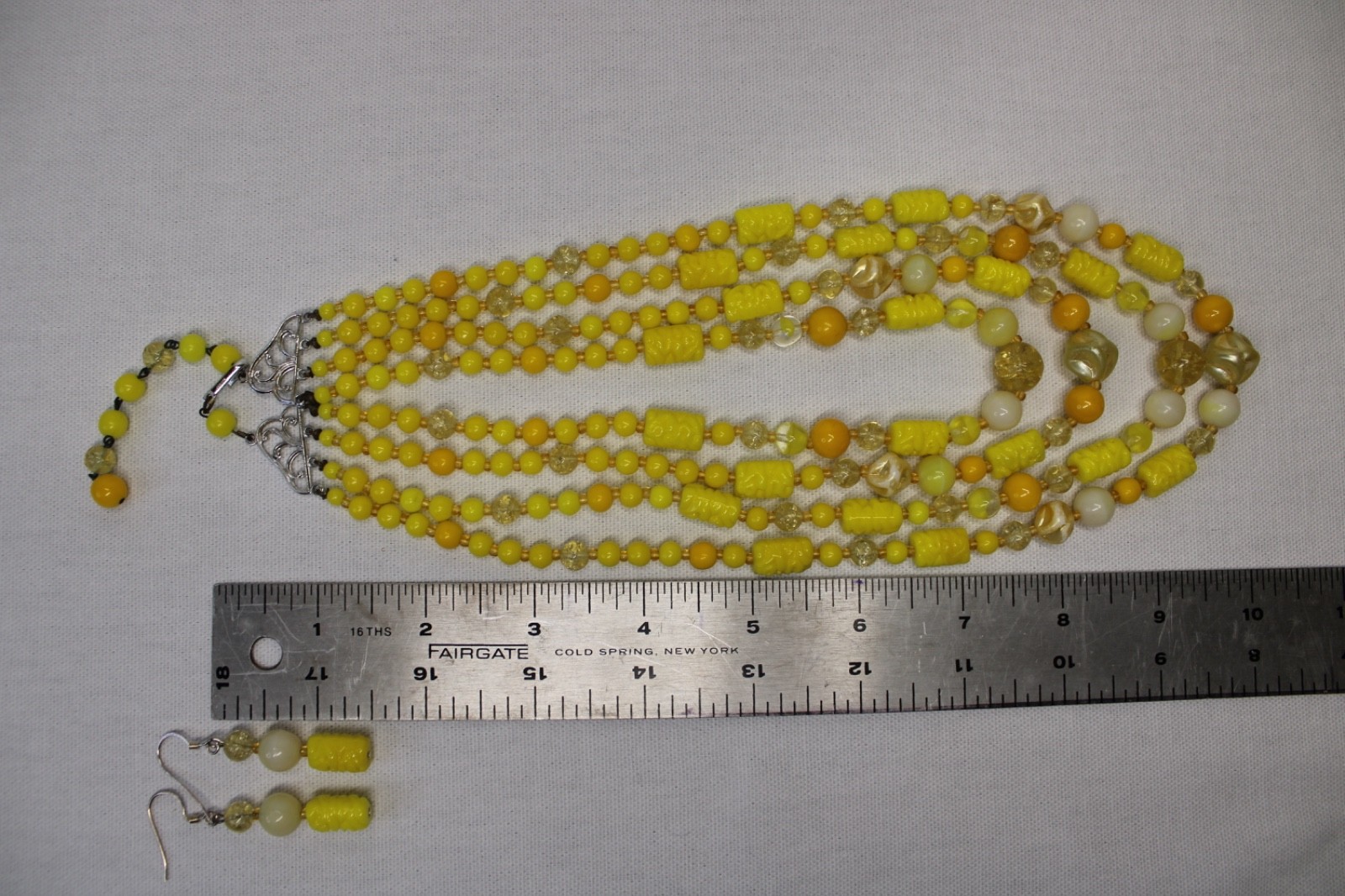 Vintage Yellow Multi Strand Beaded Necklace Earrings Set Art Deco Czech Style