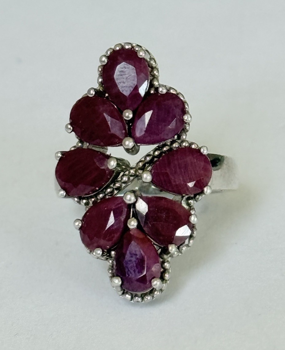 Vintage Designer Sterling Silver 925 Ruby Cluster Cocktail Ring Size 6
