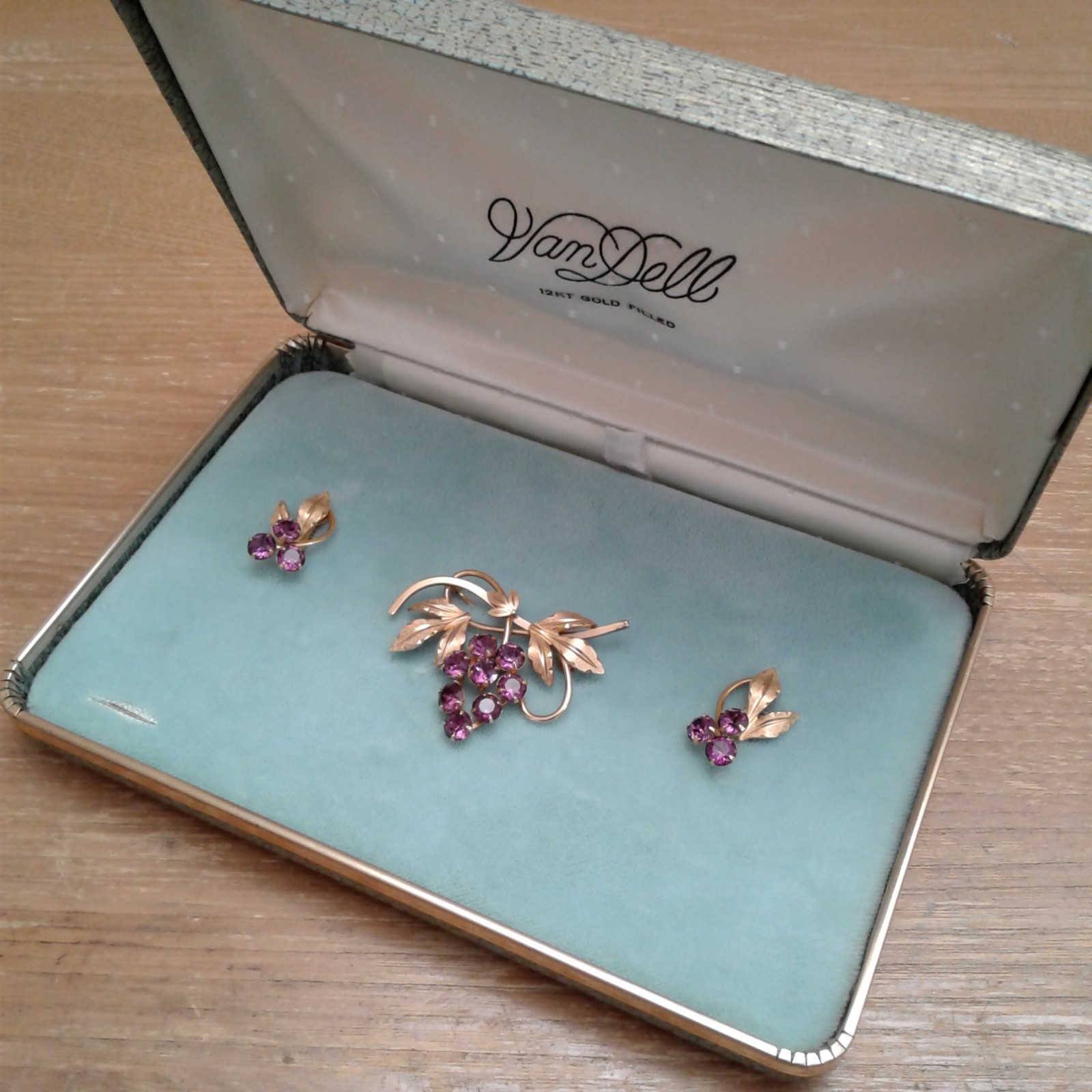 Vintage Amethyst Van Dell 12kt Goldfilled Pin and Earrings Set in Original Box