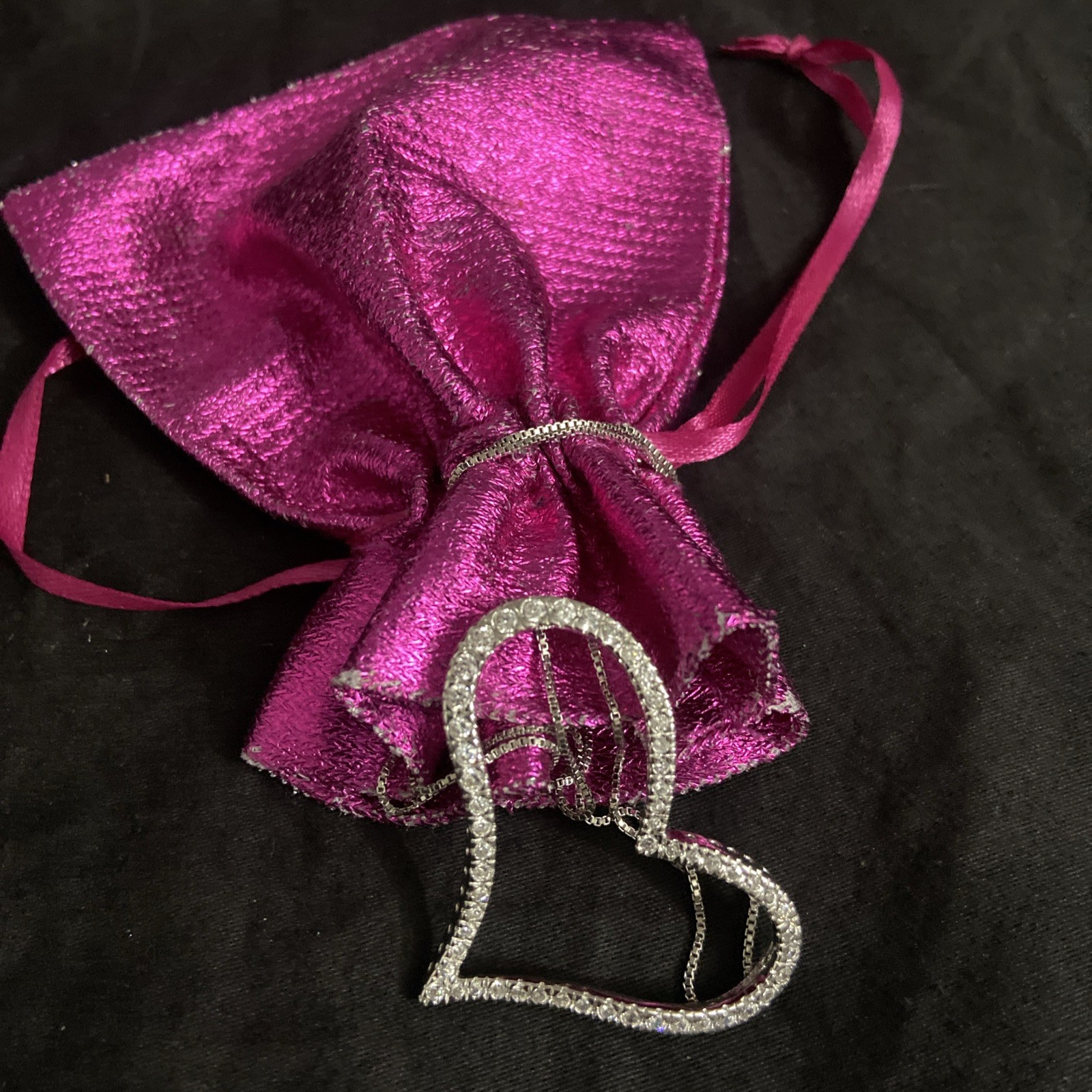New X-Large 925 Sterling Silver Slanted Heart CZ Charm Necklace Box Chain 18”