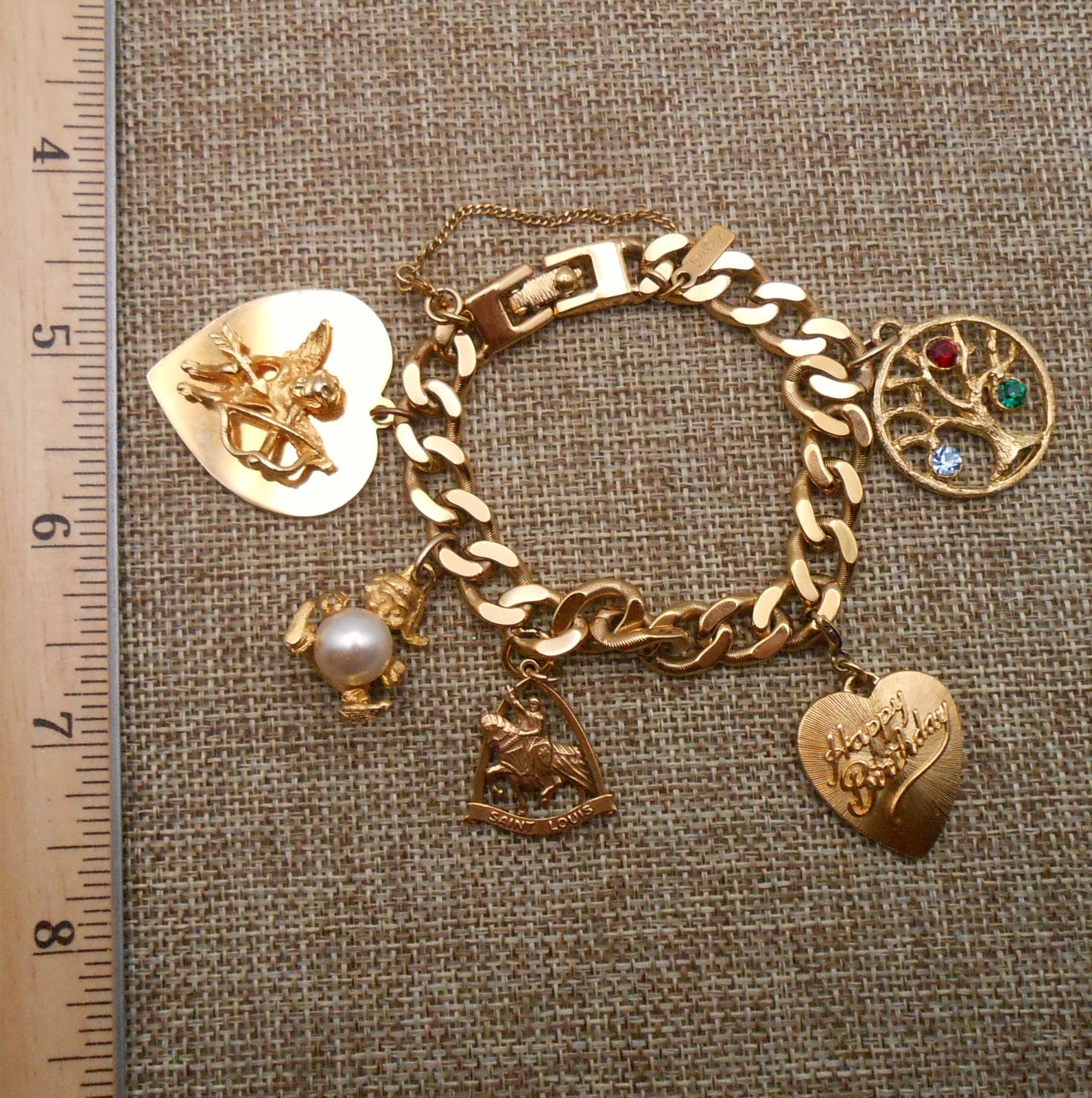 MONET Charm Bracelet & 5 Charms Birthday GF St Louis Family Tree Cupid Elf N30