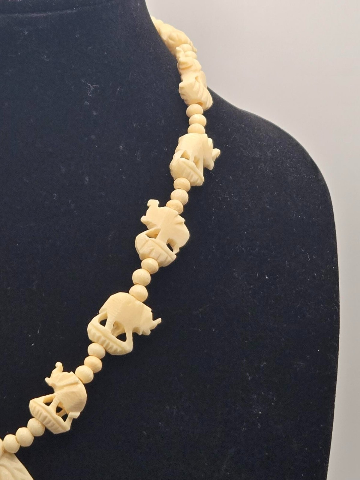 Vintage Carved Celluloid Elephant Necklace, MCM