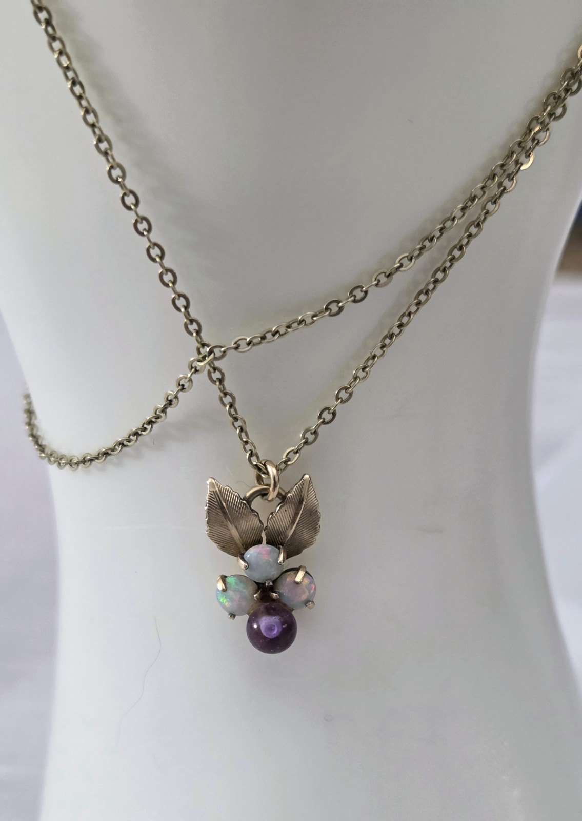 Vintage Krementz Opal and Amethyst Gemstone Pendant Necklace 17″