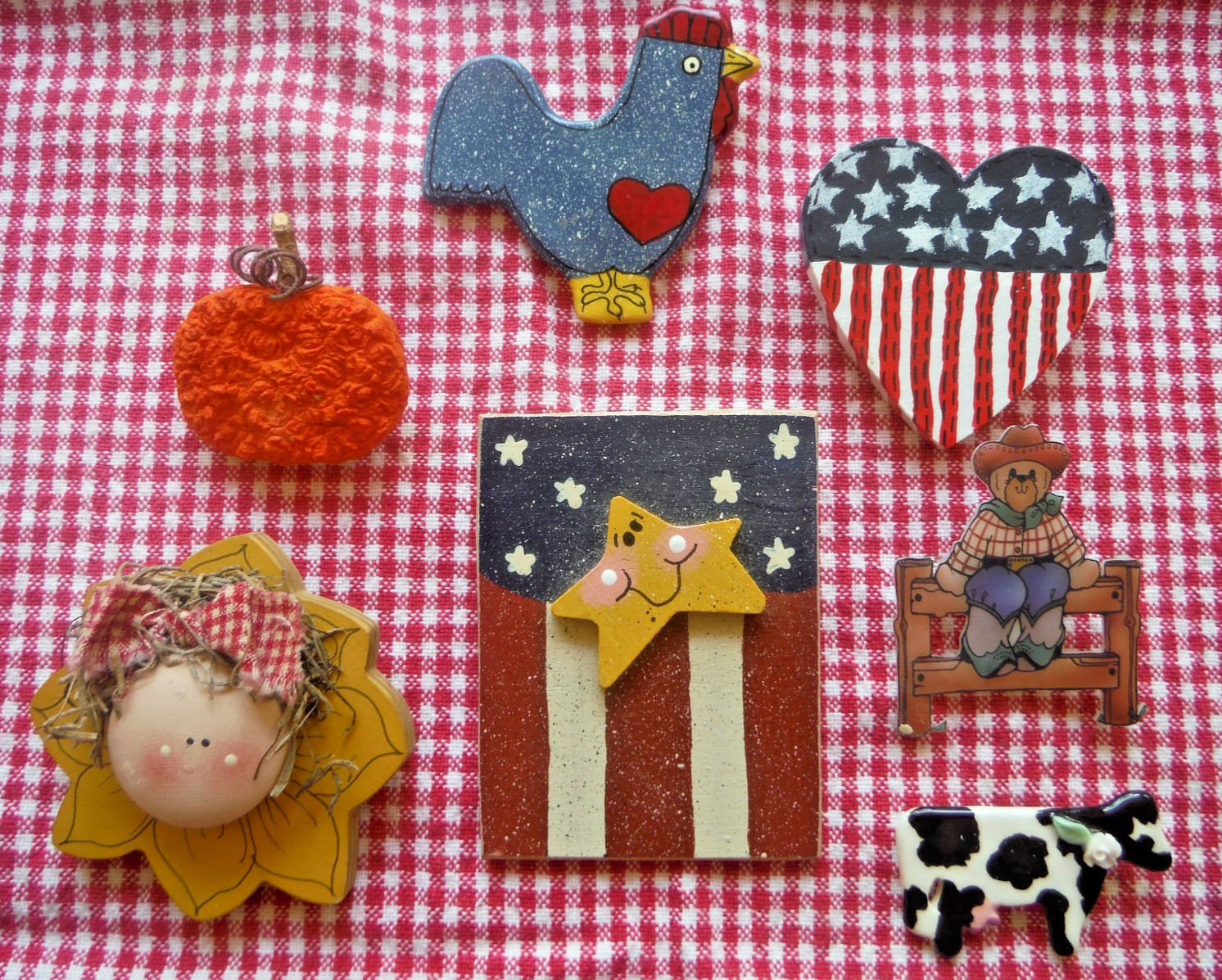 Vtg Lot of 7 Handmade Whimsical Kitschy Pins 1990s Patriotic Sunflower Animals