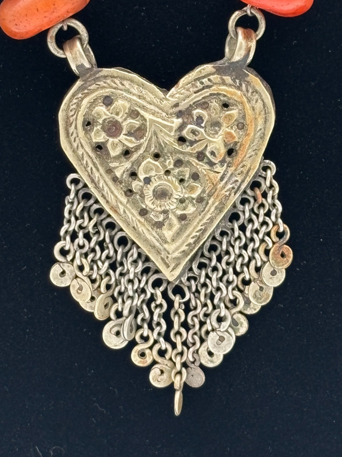 Vintage Turkmen Silver Carnelian Asyk Heart Necklace Yemeni Tribal Statement
