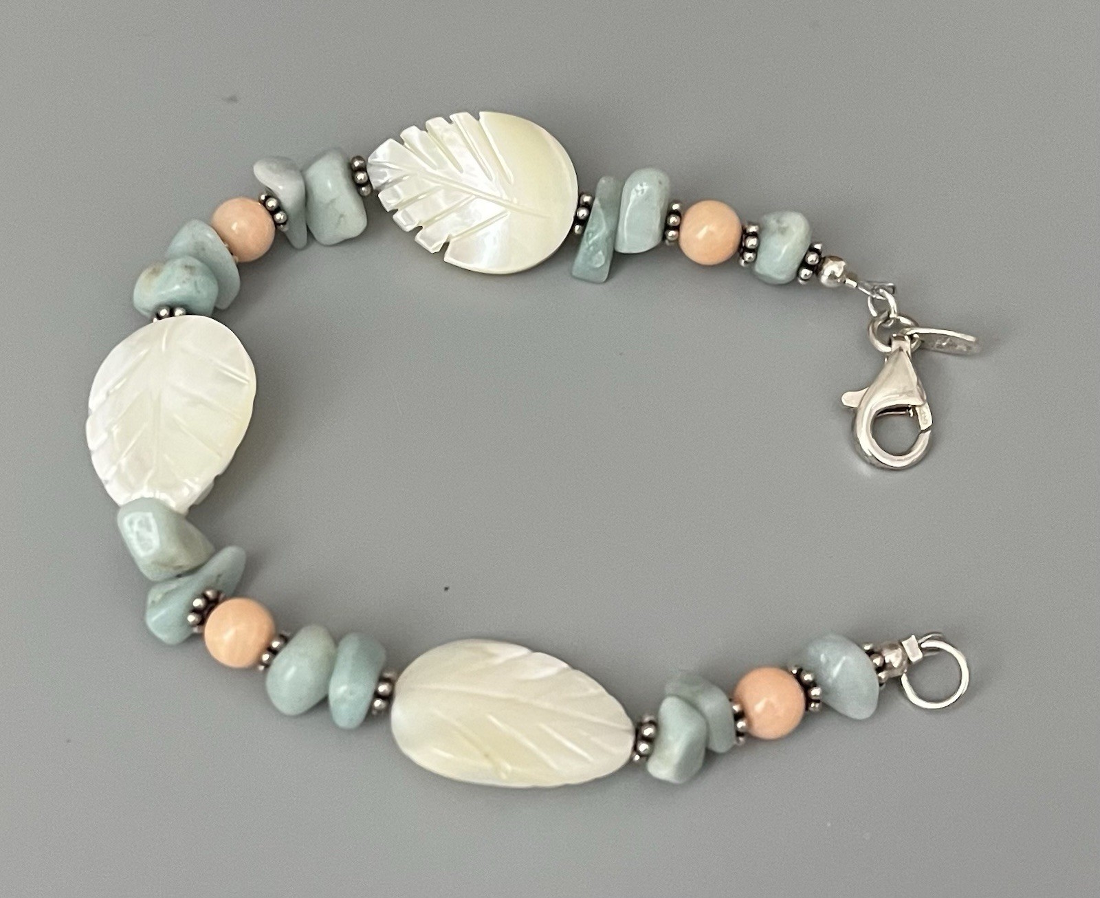 VTG SX 925 Sterling-Carved MOP-Pale Blue-Peach Stone Bracelet Wire Earring Set