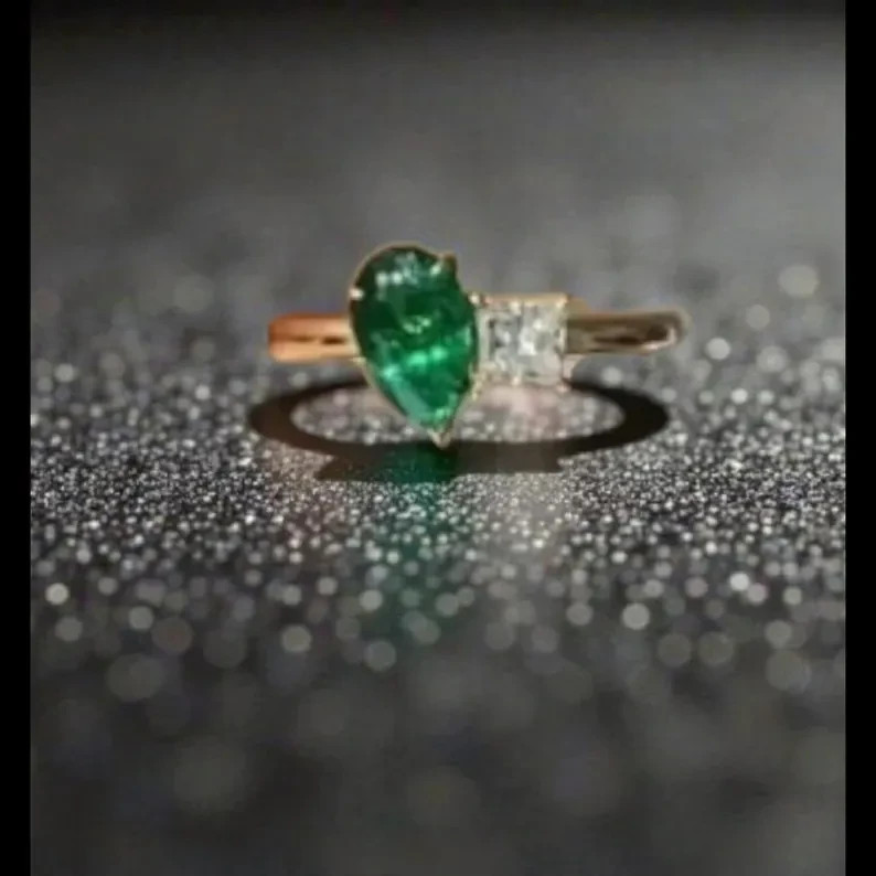2.40 Ct Natural Emerald Art Deco Vintage Engagement Ring 14K Yellow Gold Over