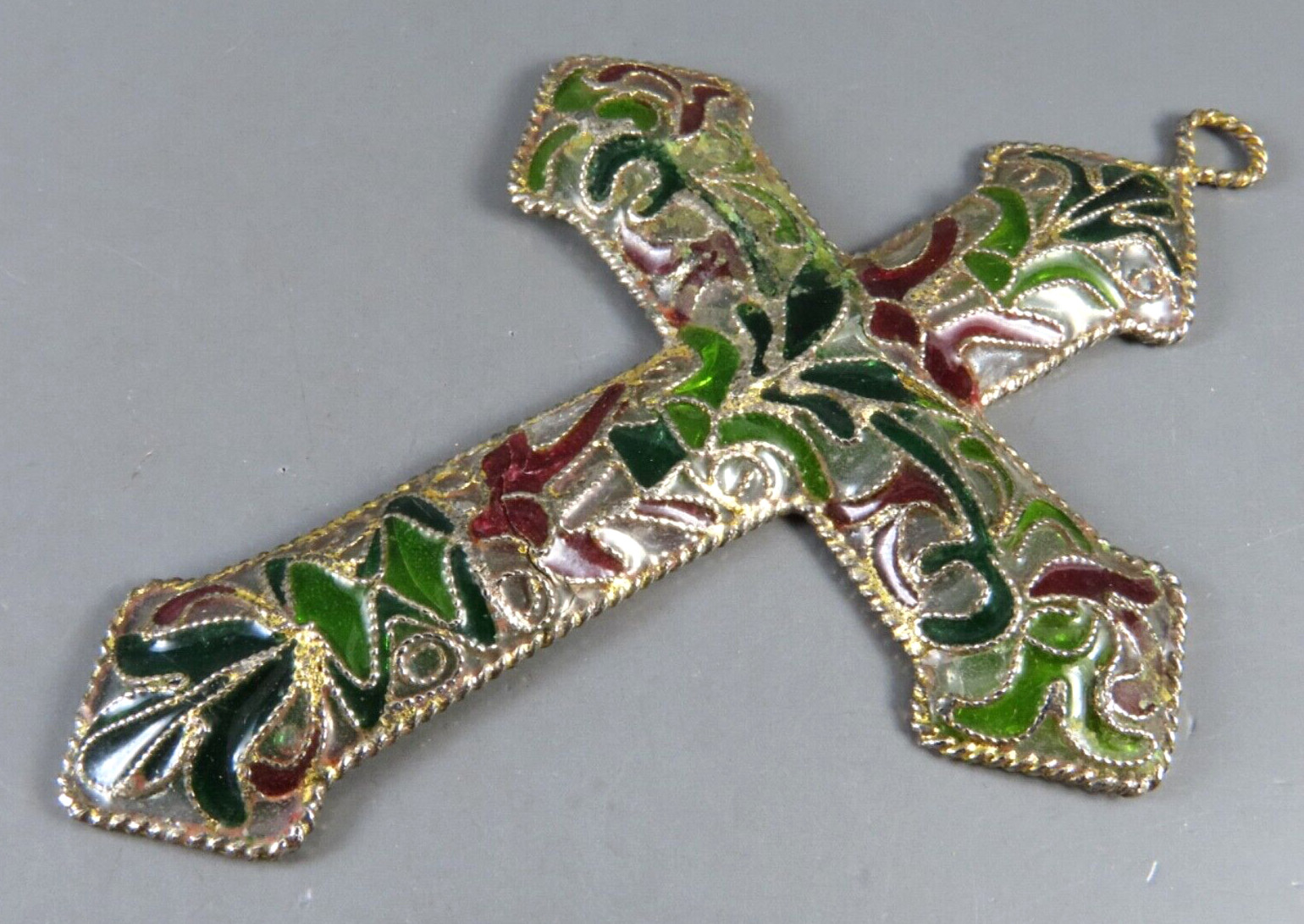 VTG PLIQUE A JOUR CROSS Green Gold Burgundy CLOISONNE GLASS Pendant Ornament