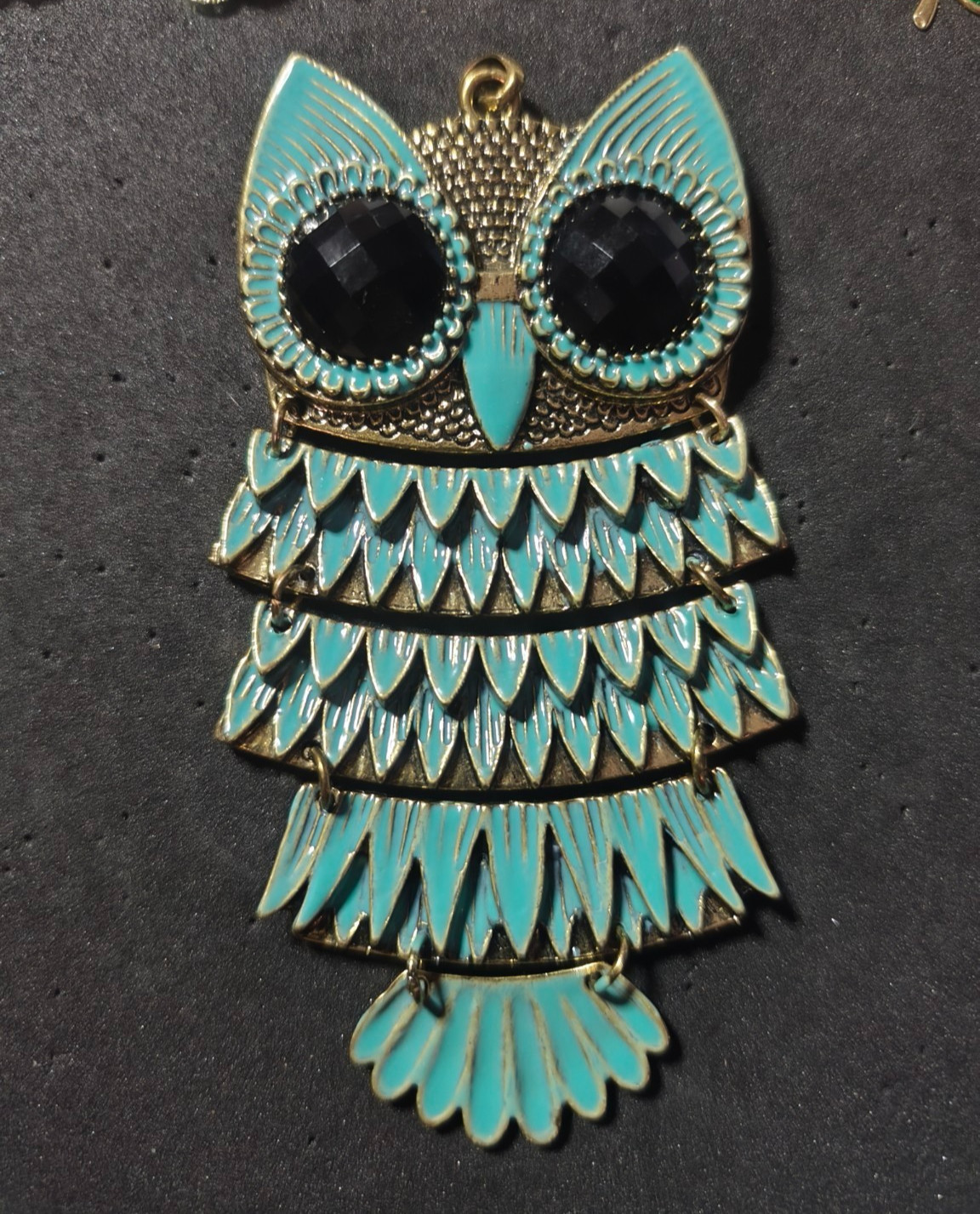 Vintage Large Owl Pendant Brooch Turquoise Enamel Black Rhinestone Dangle