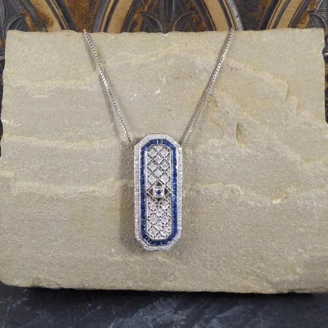 Art Deco Style Sapphire & Lab Created Diamond Wedding 14k White Gold Fn Pendant