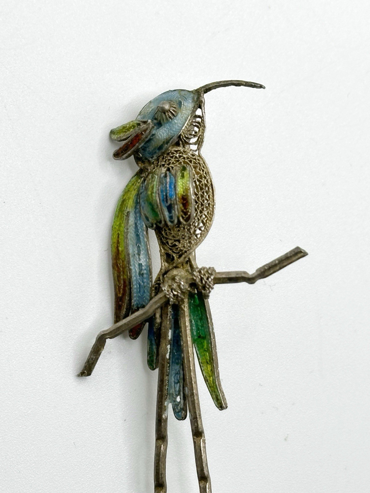 Enameled 800 Silver Filigree Bird Parrot Pin Brooch