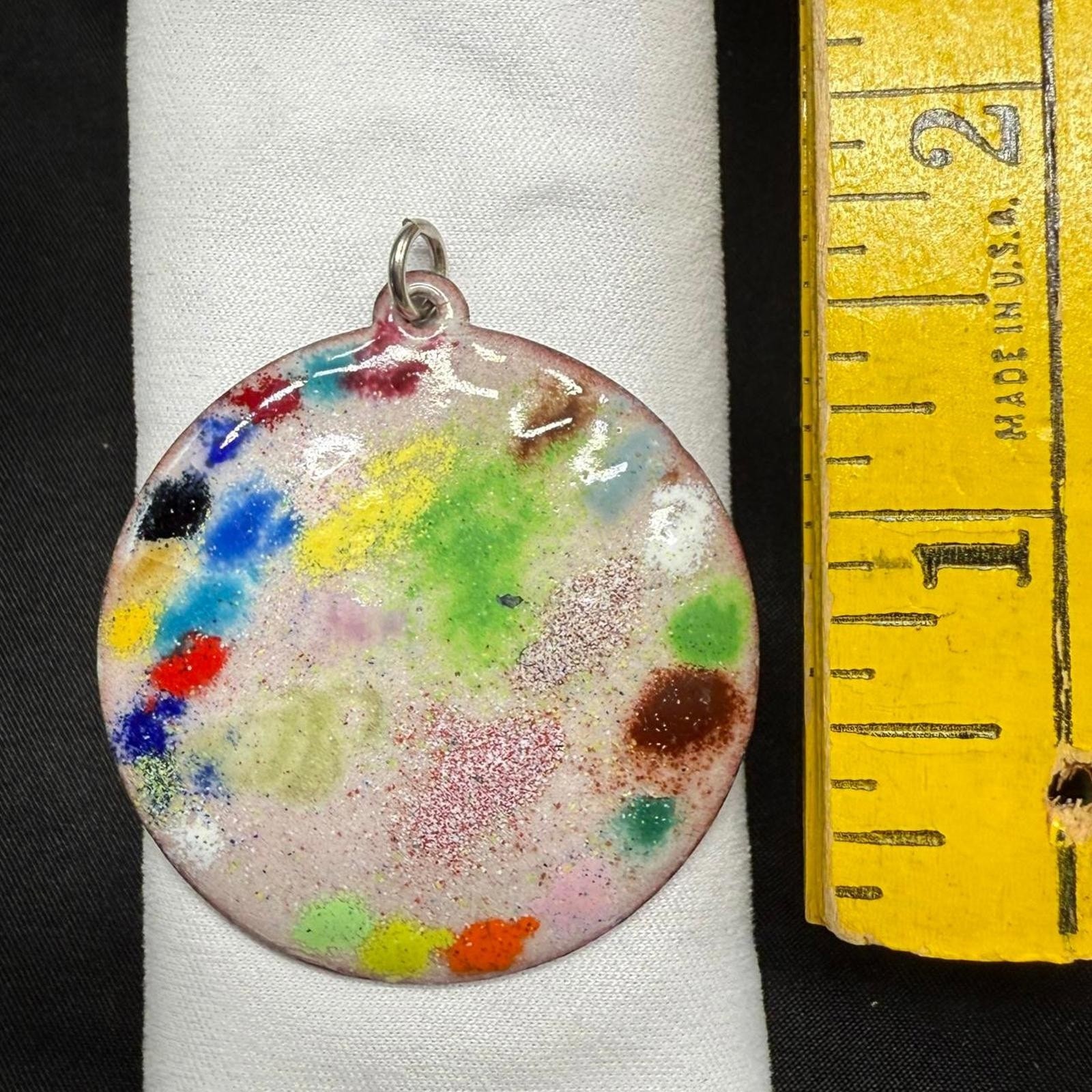 Vintage Enamel on Copper Multi Color Abstract Art Round Pendant Signed 1.75″