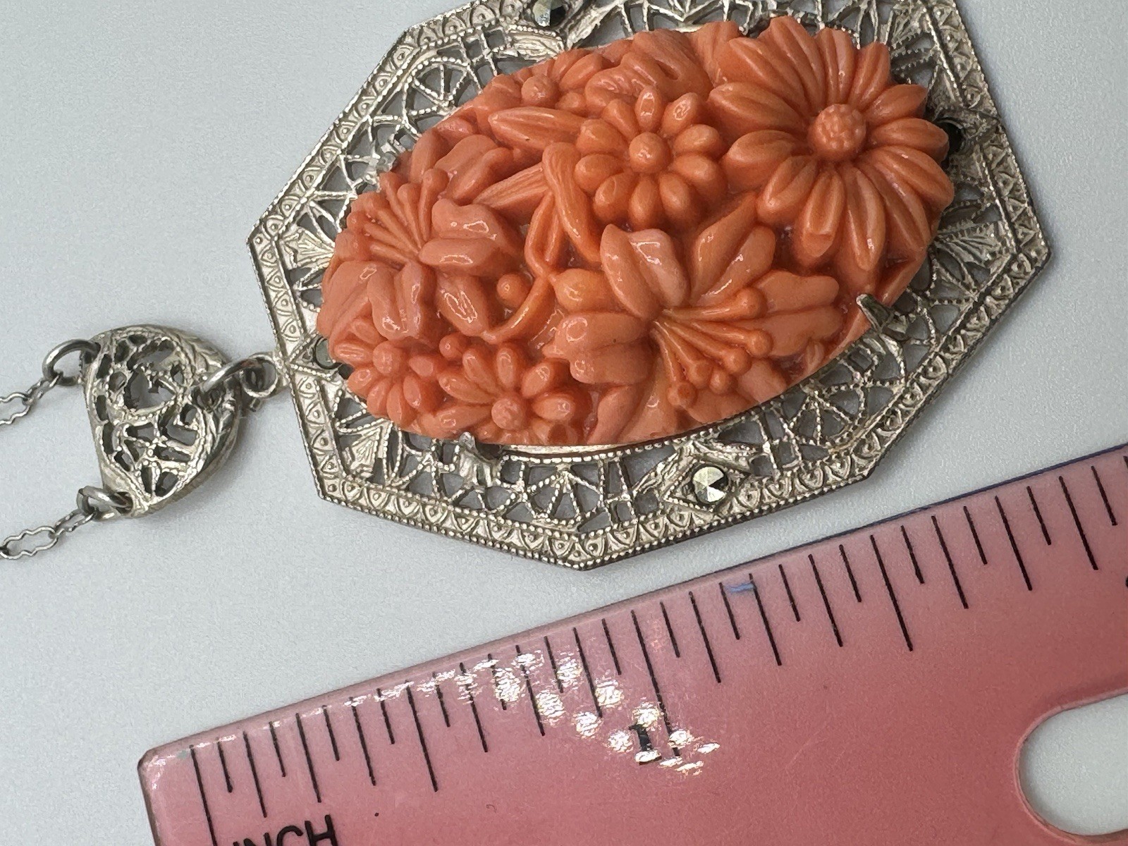 Antiqued ART DECO designed GERMANY faux Coral Carved Filigree Necklace Pendant