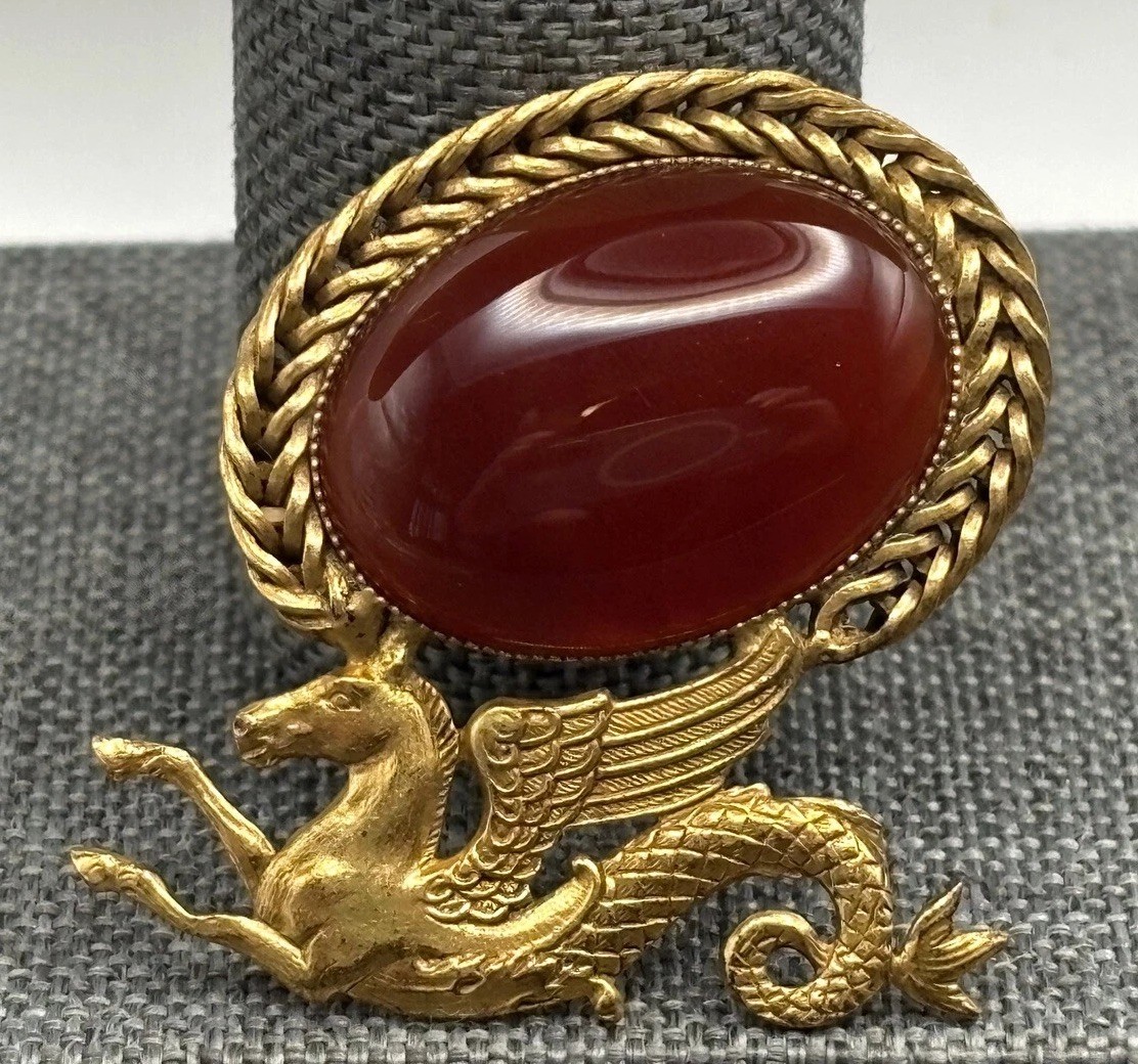 VTG Pierre Lorion Paris Pegasus Horse Faux Carnelian Dragon Brooch Gold Tone