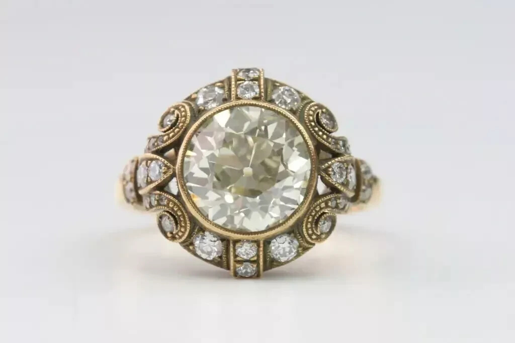 Vintage Art Deco Style Old European Lab Created Diamond Wedding 14K Gold FN Ring