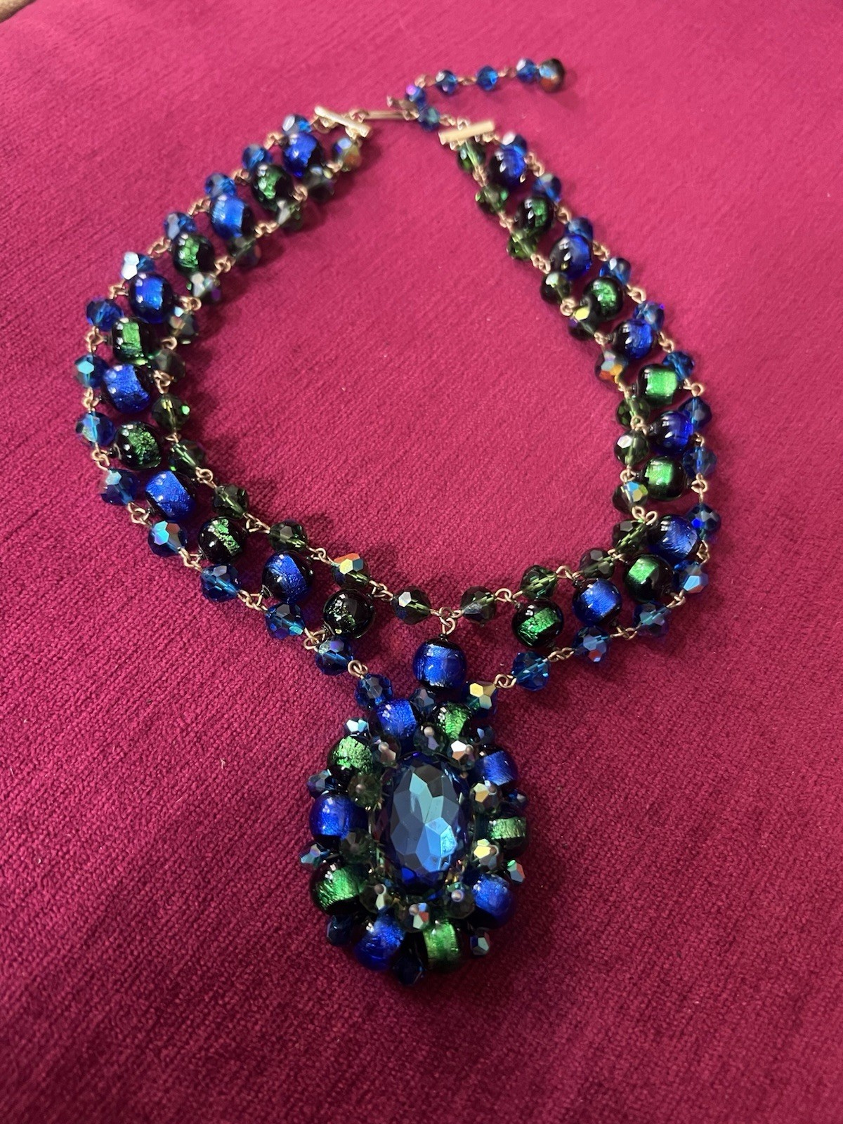 GORGEOUS VTG STATEMENT DESIGNER NECKLACE VENETIAN FOILED BLUE/GREEN GLASS BEADS