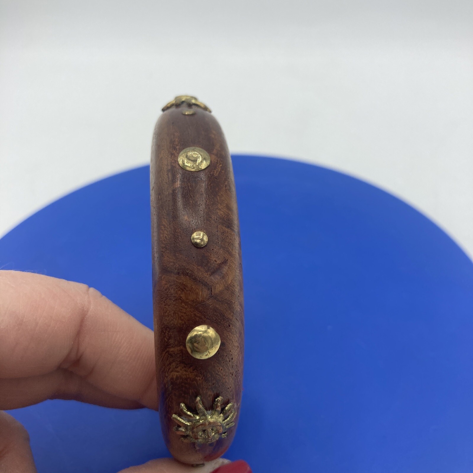 Vtg Wood Cuff Bangle Bracelet Brass Sun & Studs Celestial Boho Whimsigoth 5.5”