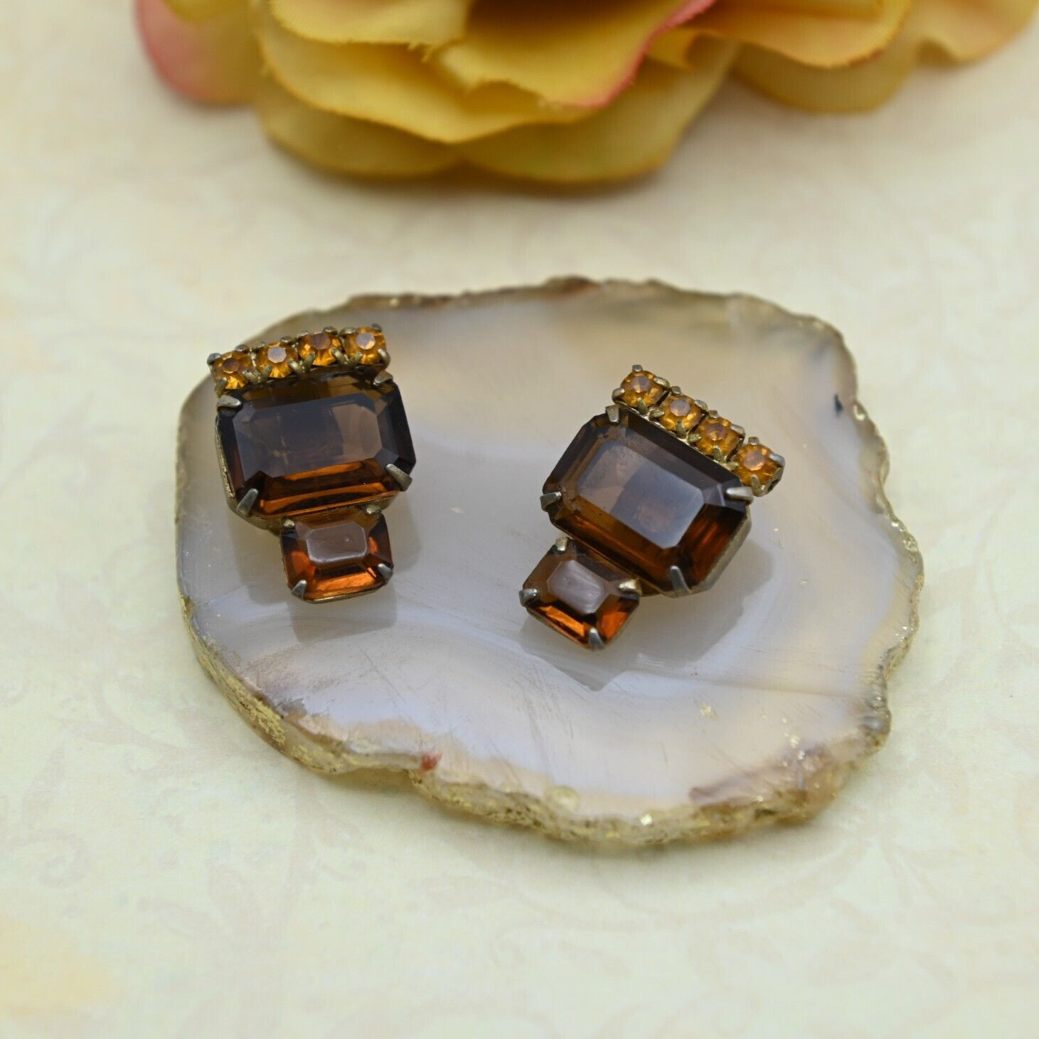 Vintage Open Back Golden Brown Rhinestone Gold Plated Clip Earrings