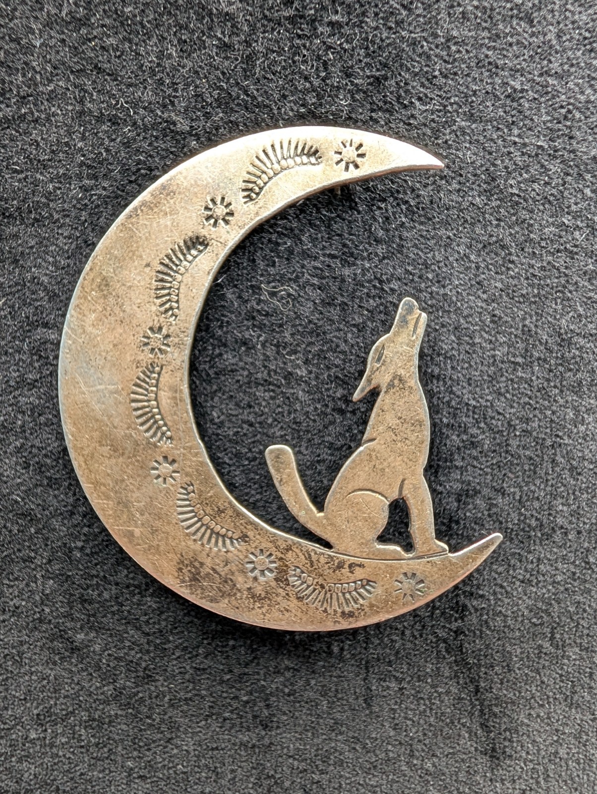 Vintage Southwestern Style Sterling Silver Howling Wolf Moon Pin Handmade