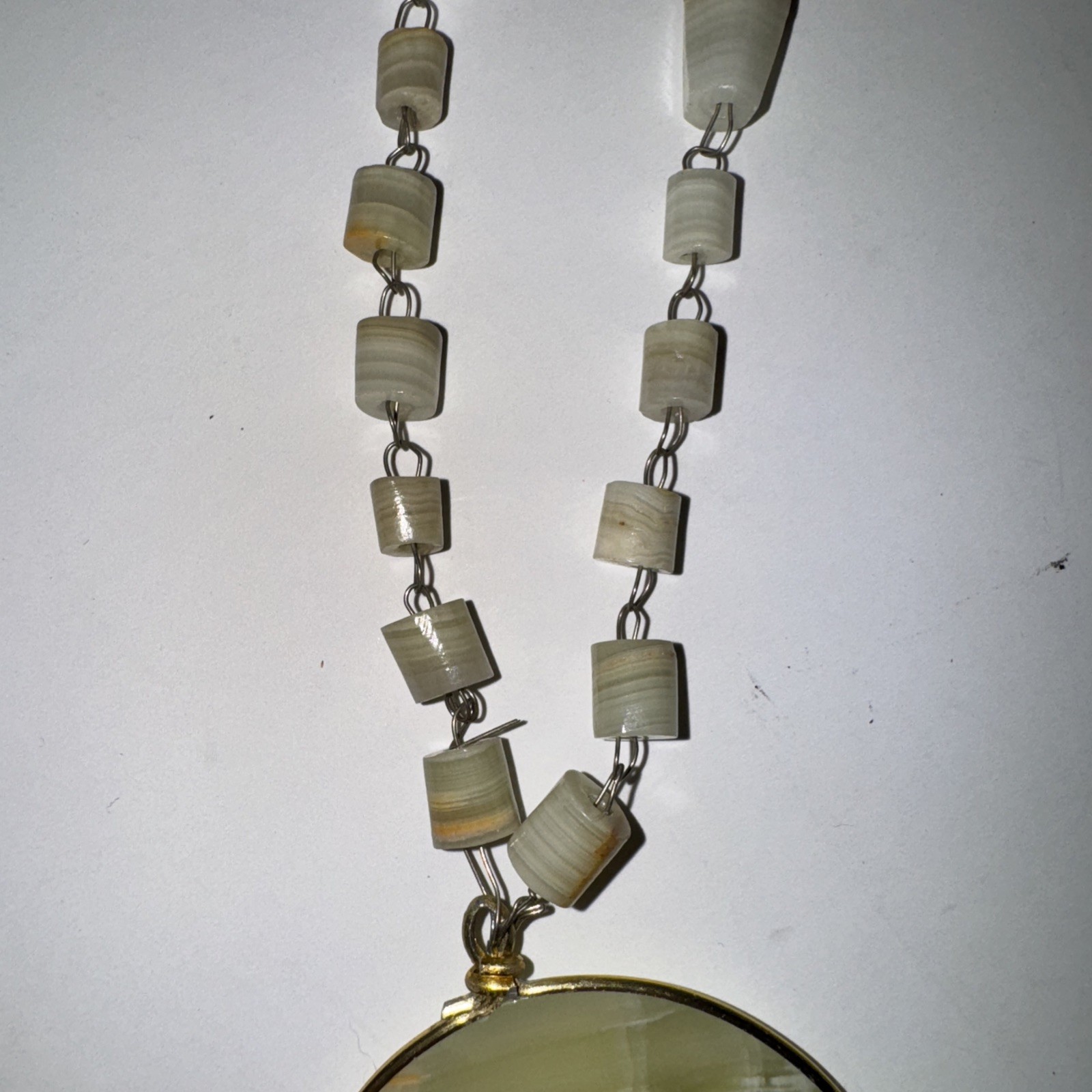 VINTAGE Shell Necklace Cream Neutral Tones Etched Sun God Round Disc Pendant 26″