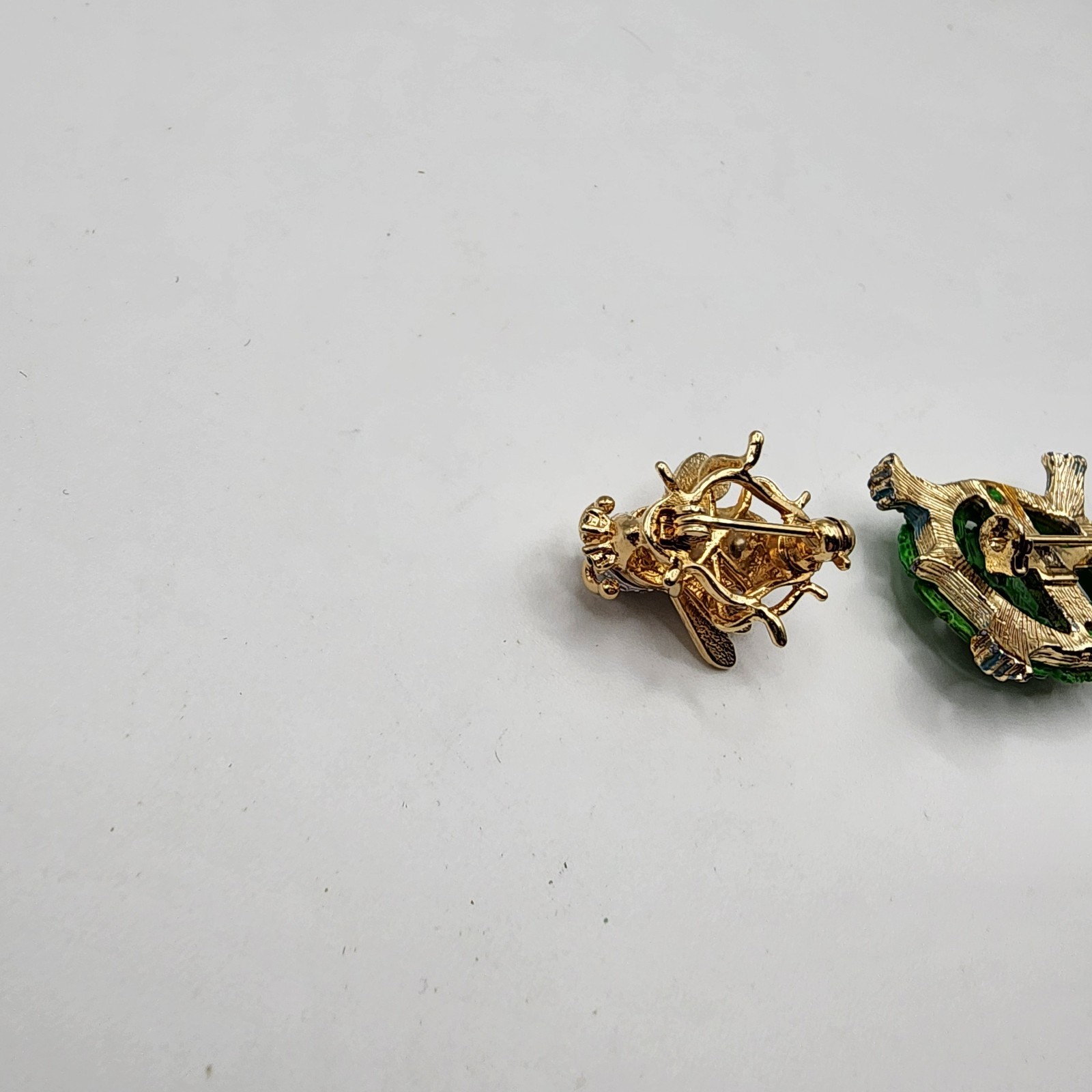 Vintage Brooch Set Turtle & Fly Bee Bug Pins Enamel Animal Rhinestone Gold Toned