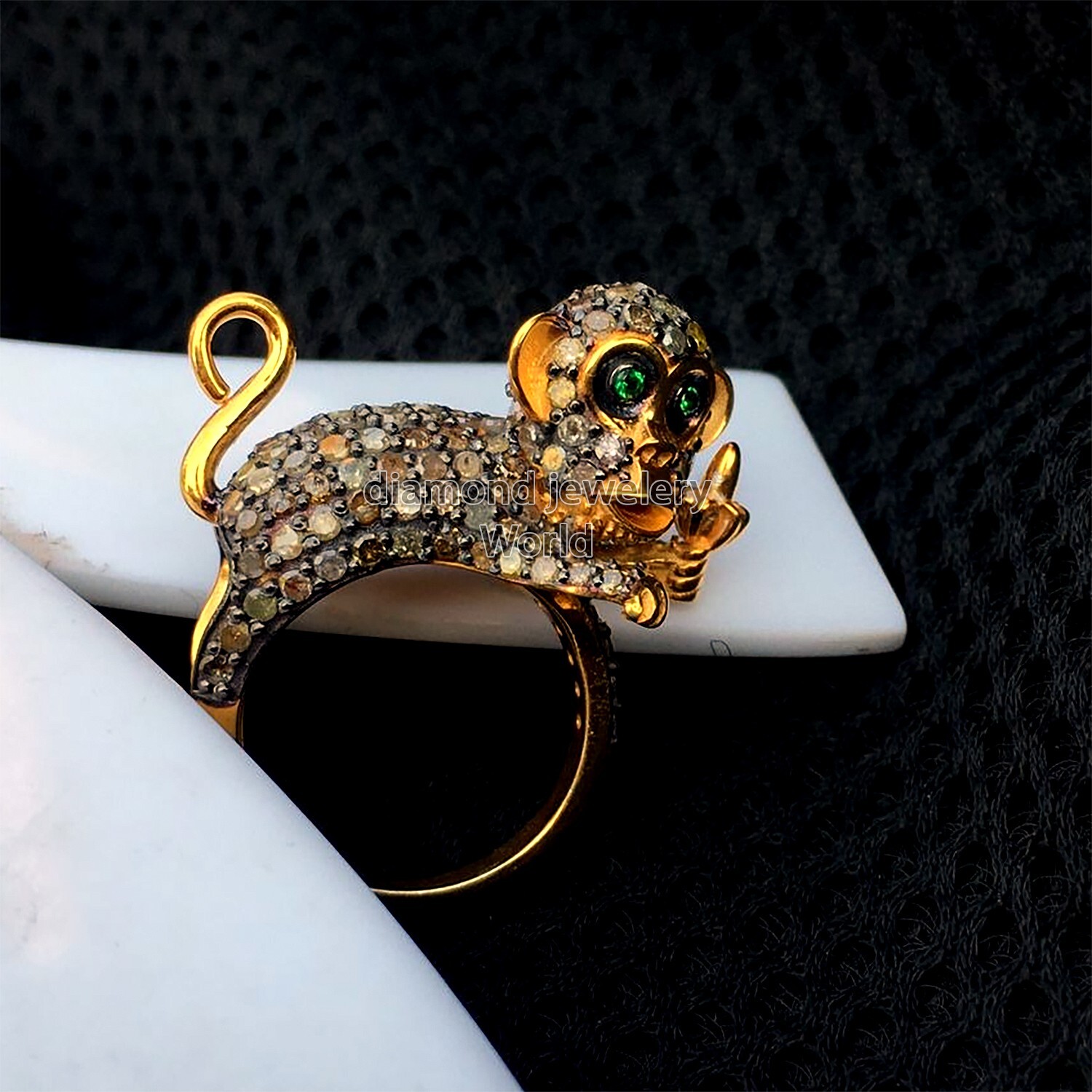 Victorian 3.55ctw Rose Cut Diamond Emerald Silver Stunning Monkey Ring Jewelry