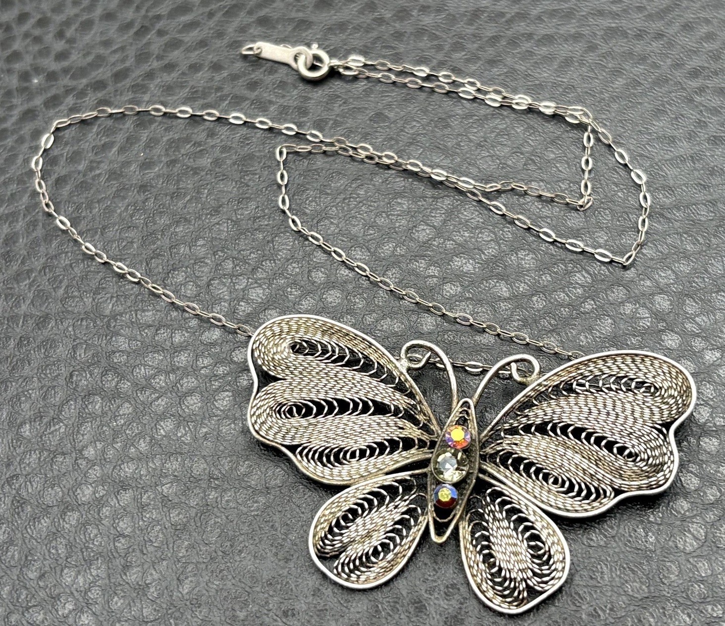 Sterling Silver Filigree Butterfly Pendant Necklace w/ Aurora Borealis