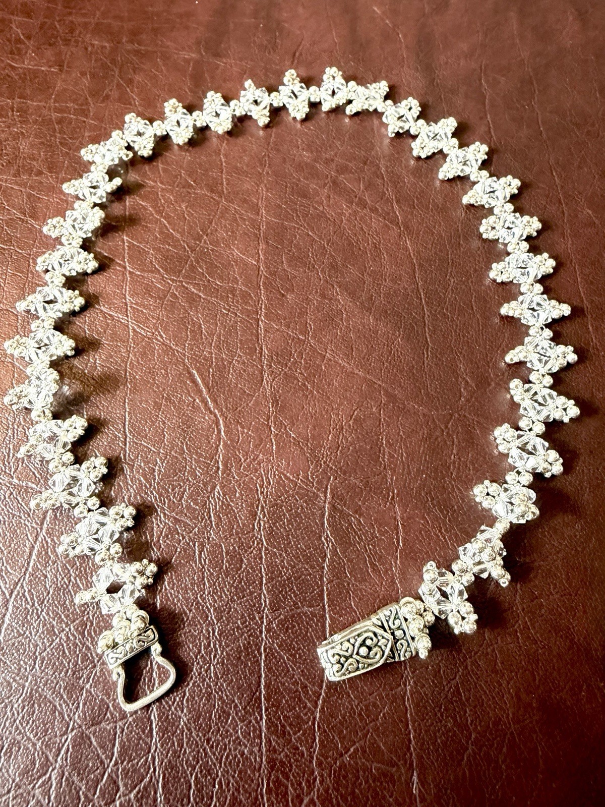Handmade 925 Silver & Crystals beaded collar necklace W/925 Magnetic Clasp
