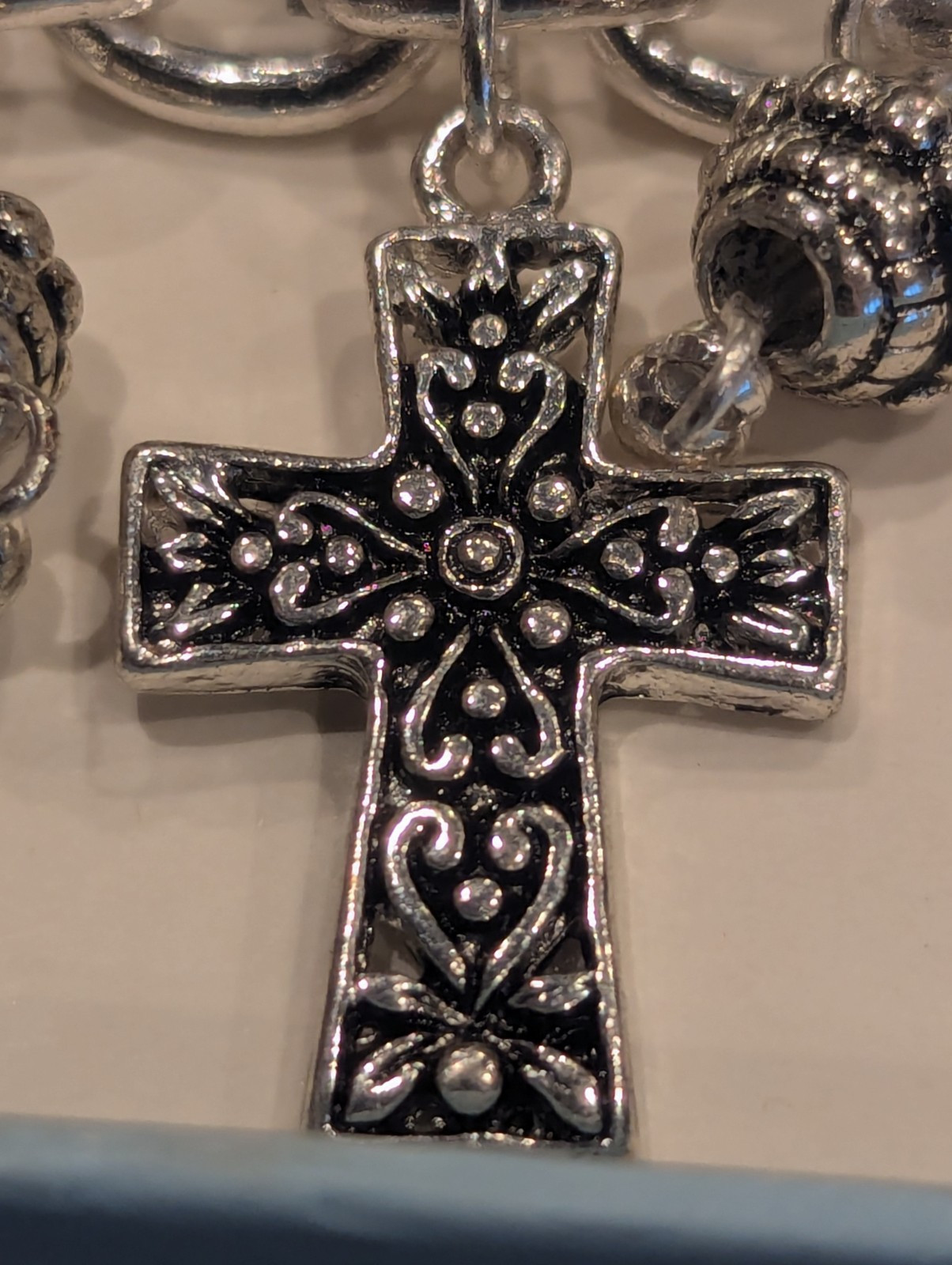 Vintage Religious Cross Charm Bracelet Set With Earrings, Nickel Free 7 1/2″