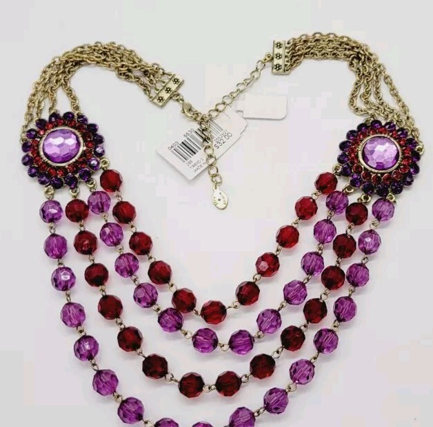 Robert Rose Purple & Red Beaded Necklace 4 Row Layered Collar Vintage WIDE 21 in