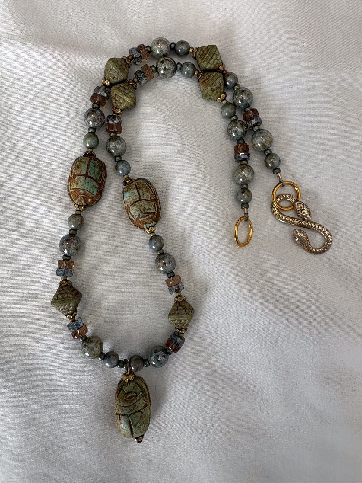 Egyptian Revival Faience Scarab Pendant Necklace 925 Snake Clasp NEW
