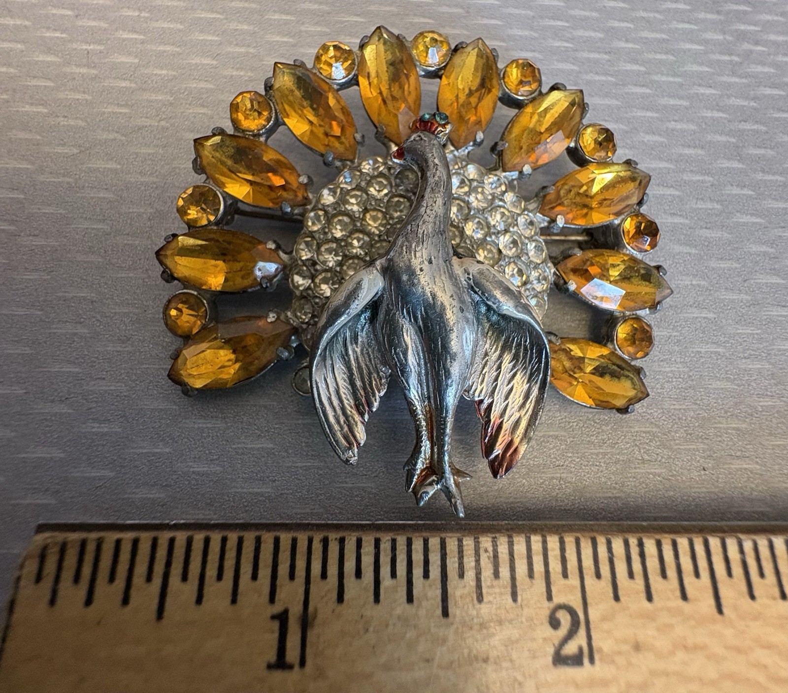 30s Vintage Pot Metal Peacock Brooch Amber Glass Marquise Pave Rhinestones 2.5″