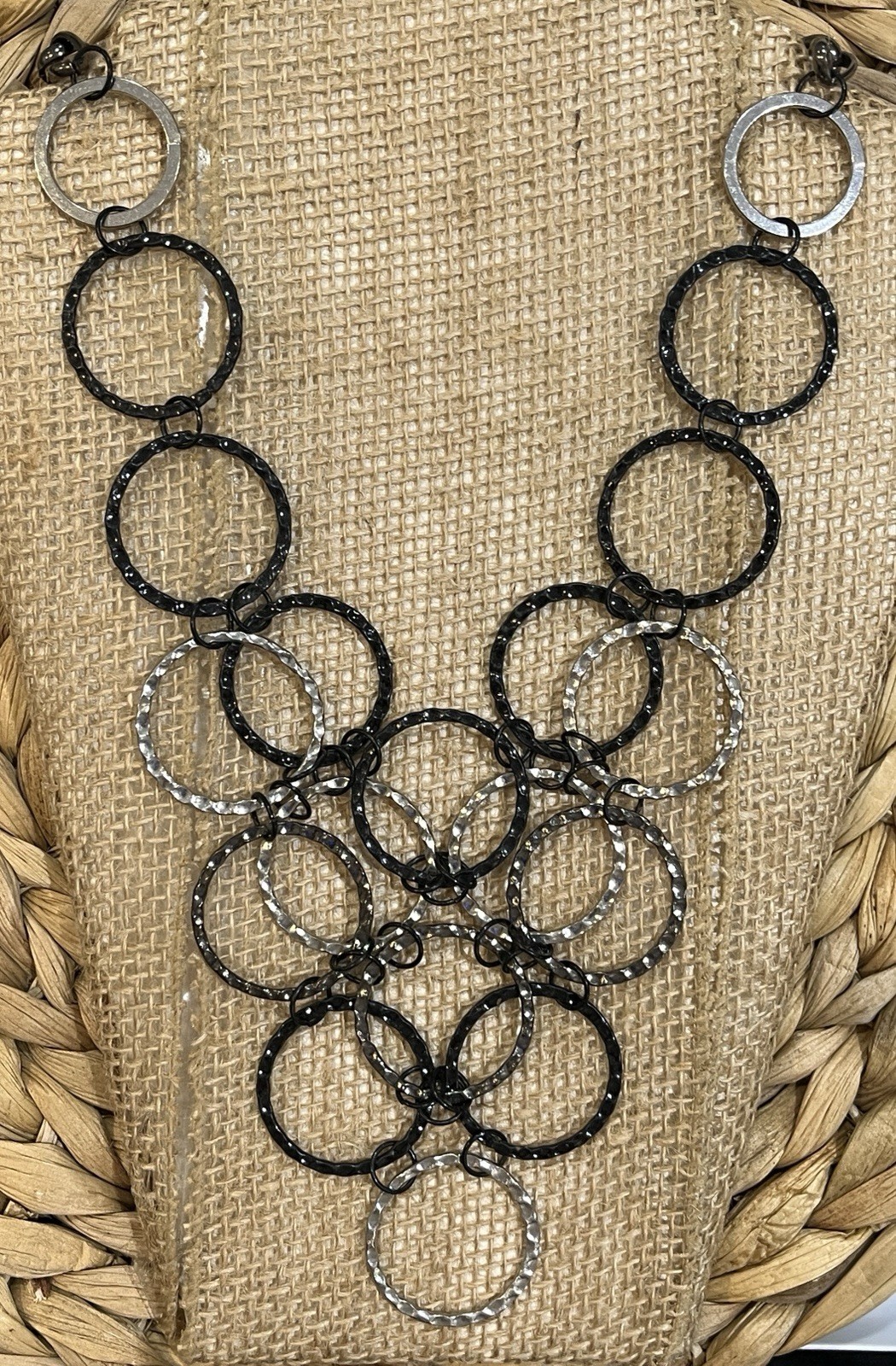 Modernist Hammered Circle Collar Torque Necklace Black Silver Tone Waterfall