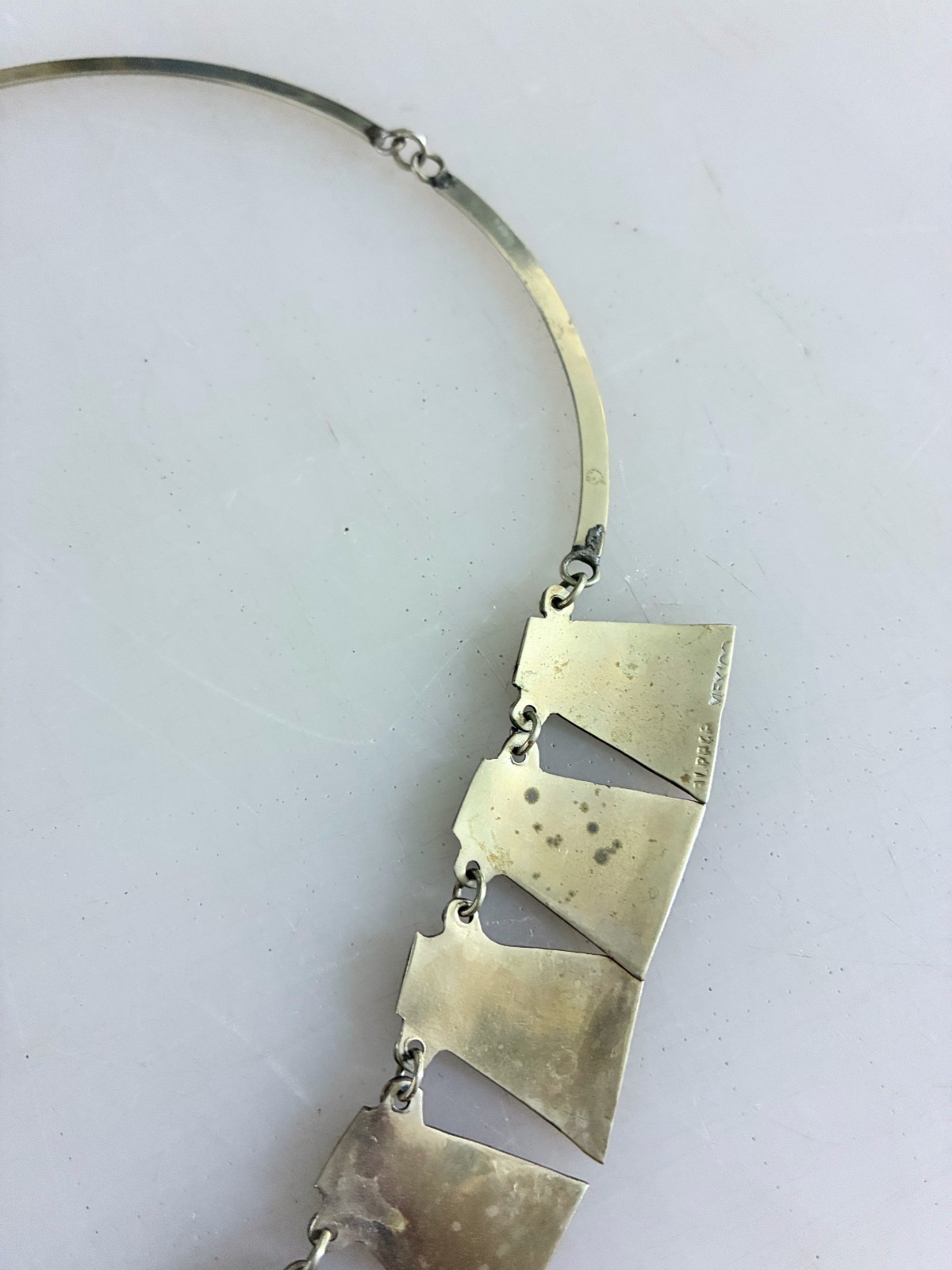 Vintage Alpaca Silver Necklace Choker Inlay Abalone Mexico Stamped 17″ Clasp