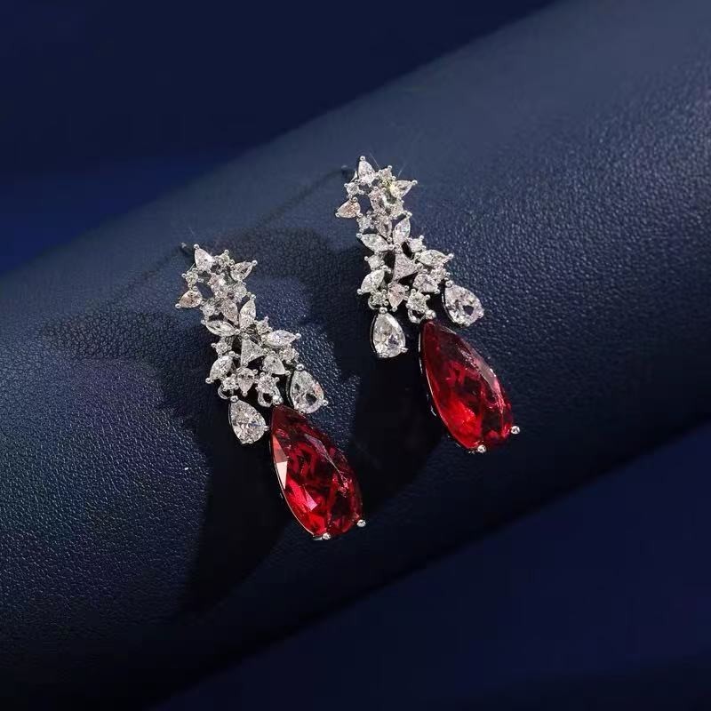 Vintage Pearl Necklace Earrings Set Red Teardrop Crystal Bridal Jewelry